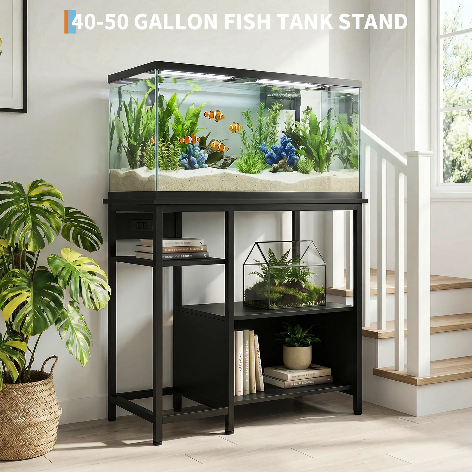 40-50 Gallon Aquarium Stand with Built-In Power Outlets | Heavy Duty 660lbs, Storage Drawers & Shelf – for Fish Tank/Terrarium, Grey/Brown/Black
