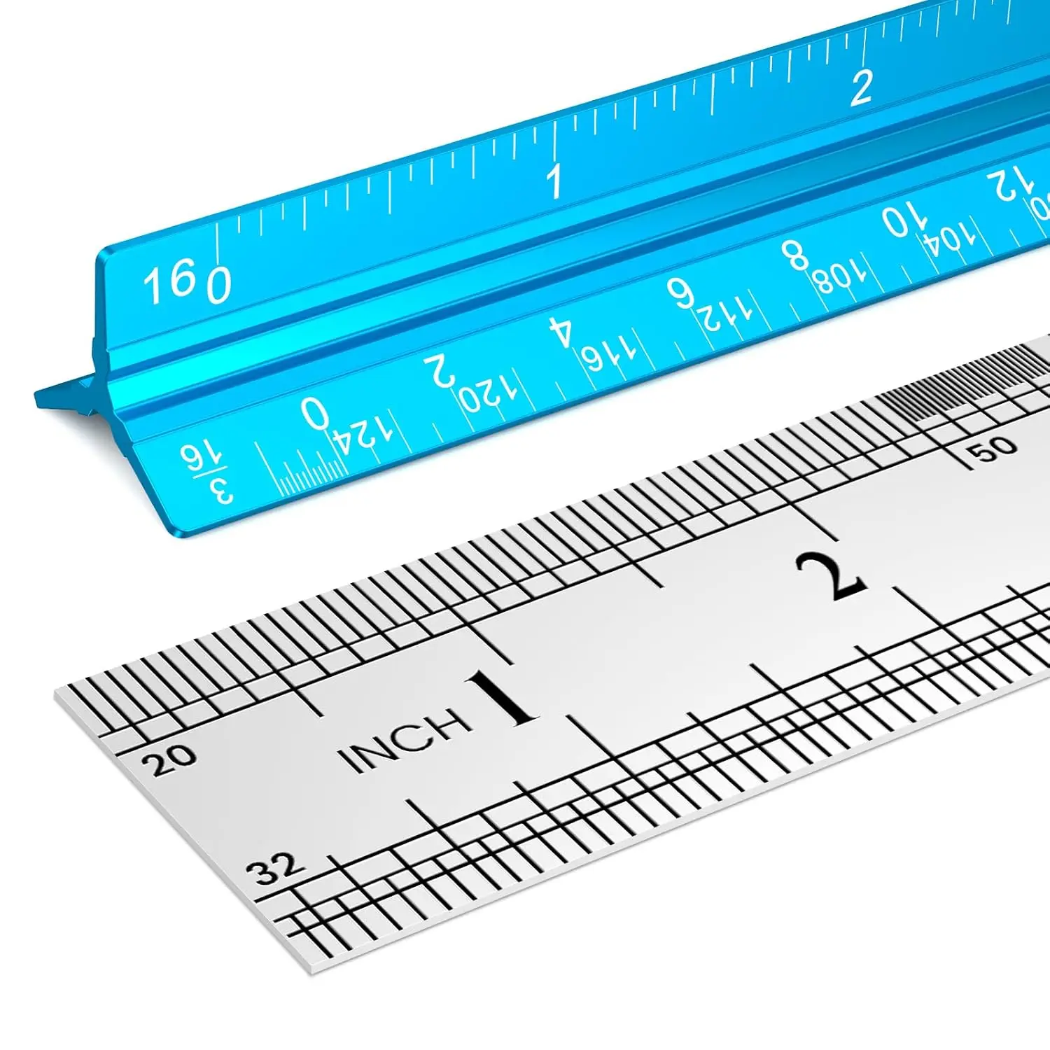 2 count Architectural Scale Ruler 12 Inch,  Architect Ruler & Metal Ruler Set,  Engineer Scale for Blueprints, Drafting Ruler for Architects, Students, Draftsmen, and Engineers (Blue)