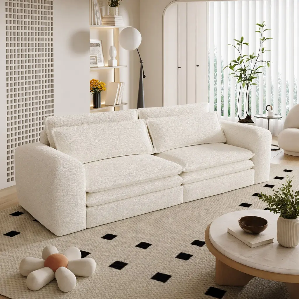 ARCH Furniture King Size 3-in-1 3-Seat Convertible Sleeper Sectional Comfy Couch with Chaise Lounge, Lumbar Pillows, Teddy Fabric, Beige White, Polyurethane Foam, 170 lbs Capacity, 75.6" W x 77.6" D x 12.7" H for Living Room