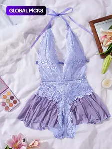 Romantic Valentine's Day Gift, Women's Sexy Lace Underwear, Deep V Neck, Smooth Fabric, Semi-Transparent, All Seasons Sleeveless, Lingerie Nightwear