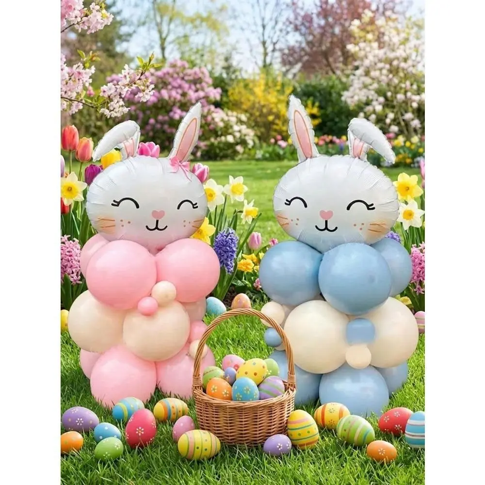 34-piece Easter bunny foil balloon set, 10-inch macaron pink/blue/peach latex balloons, Easter celebration party decorations, egg-shaped Easter balloons, spring garden party decorations, outdoor picnic decorations, home gathering party decorations,