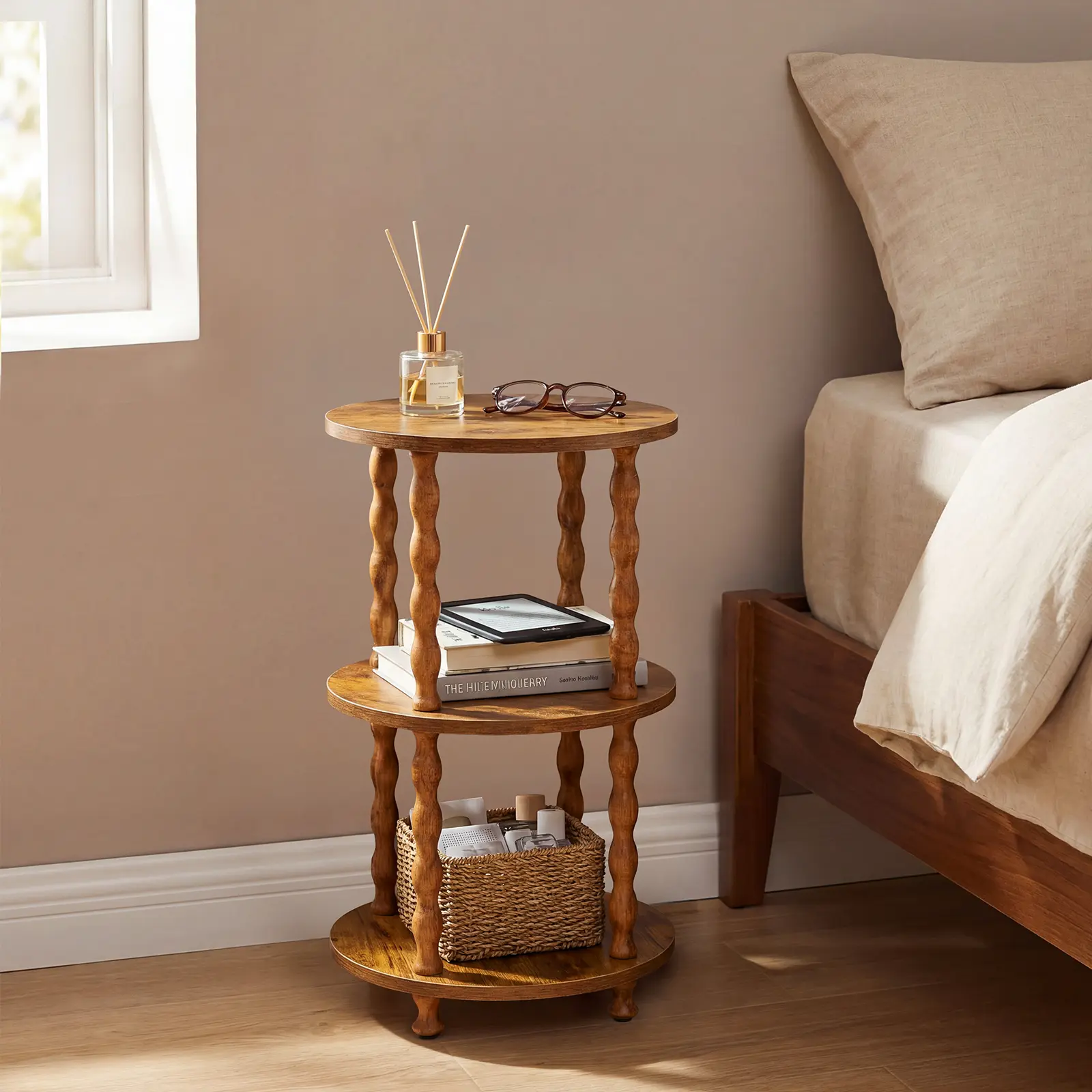 Vintage 3-Tier Side Table - 11.8" Round × 23.8" Tall Small Round End Table with Storage Shelf, Compact Nightstand for Living Room, Bedroom, Nursery Small Spaces, Farmhouse Decor Must-Have