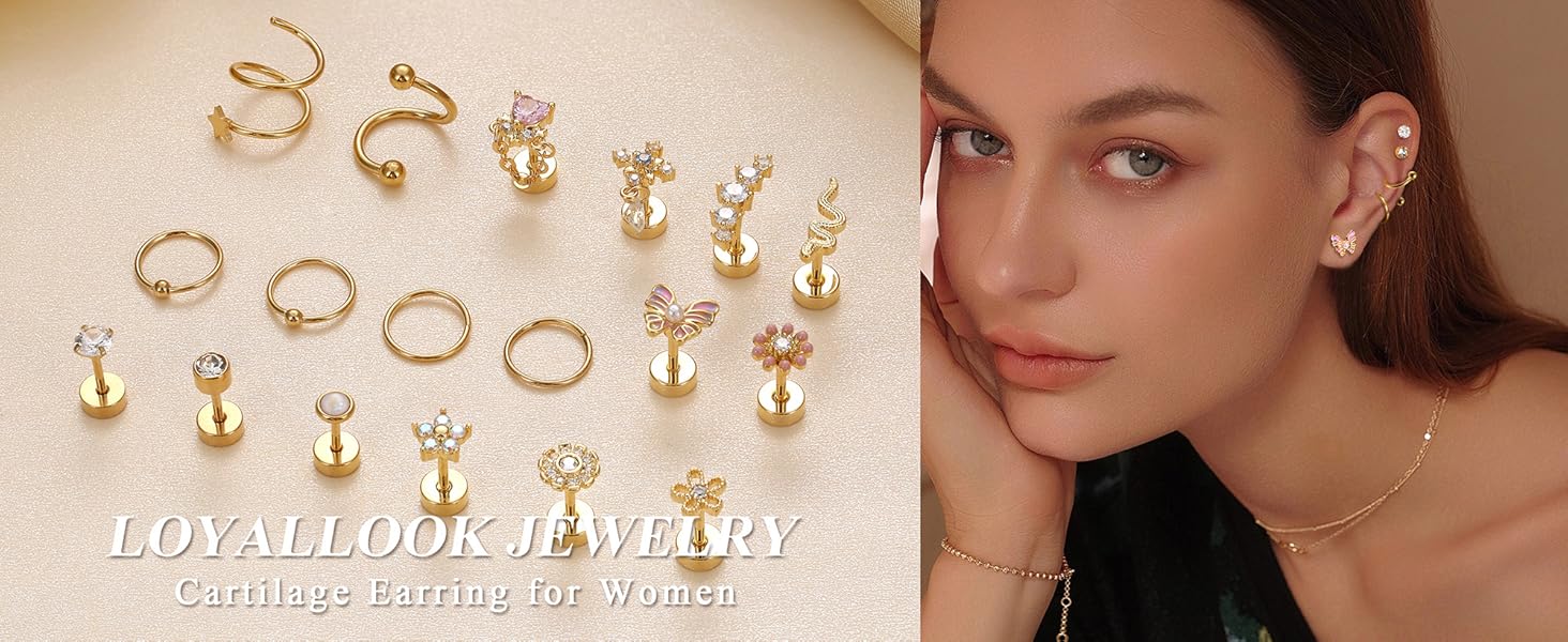 LOYALLOOK 18pcs Cartilage Earring Stud for Women Surgical Steel CZ Flat Back Earrings Couch Hoop Piercing Opal Flower Sanke Helix Tragus Piercing Earring Stud Piercing Cute Cubic Zirconia Nickel Free Personalized Elegant Minimalist Fashionable Daily Wear LOYALLOOK 18pcs Cartilage Earring Stud for Women Surgical Steel CZ Flat Back Earrings Couch Hoop Piercing Opal Flower Sanke Helix Tragus Piercing Earring Stud Piercing Cute Cubic Zirconia Nickel Free Personalized Elegant Minimalist Fashionable Daily Wear