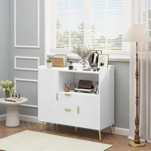 Garvee Modern Black Wood Storage Cabinet Sideboard Buffet with 2 Doors 2 Drawers Compact Coffee Bar Station for Kitchen Living Room Apartment Dining Room Furniture 39.37x15.75x37.40 in White