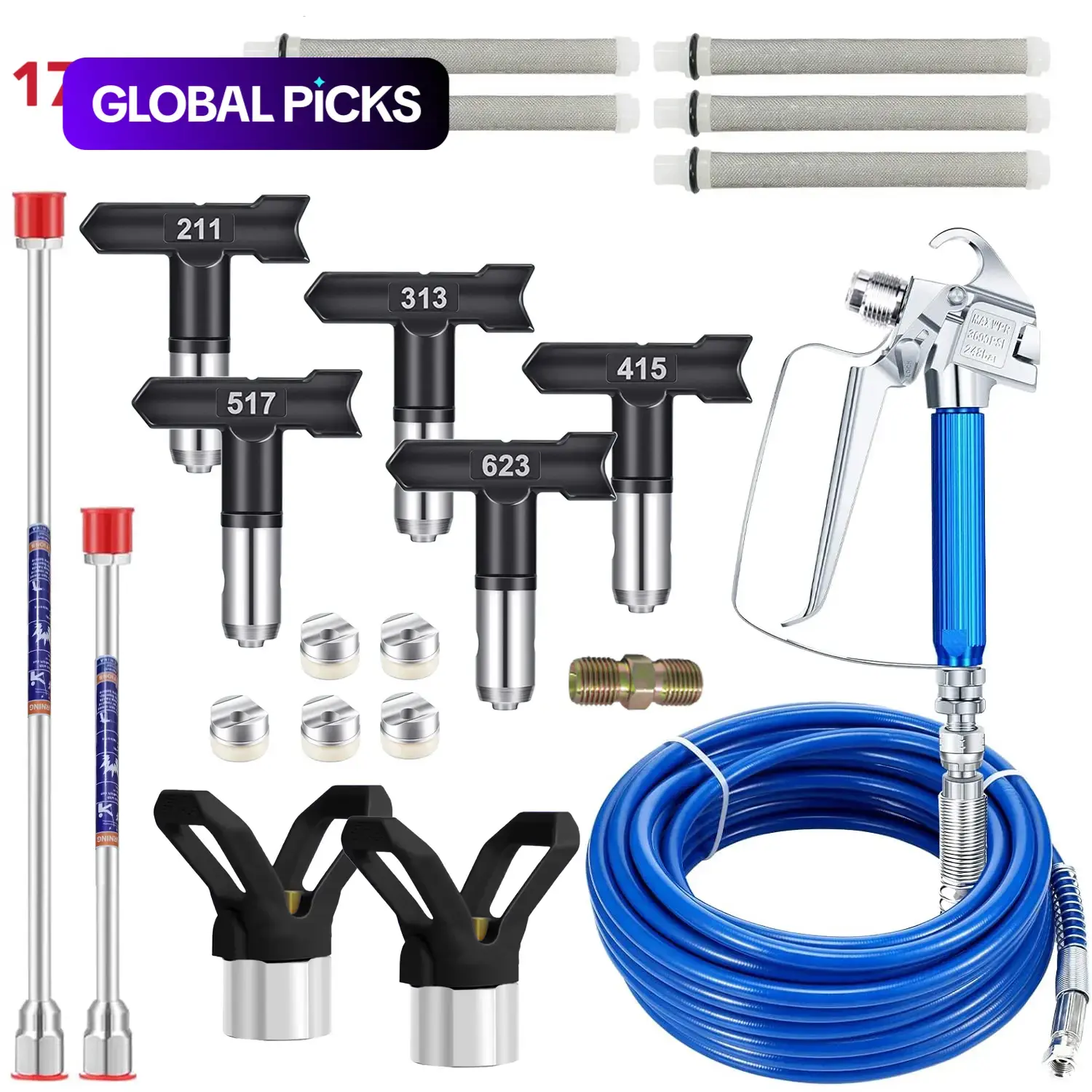 Handheld Airless Paint Spray Gun Kit, Professional 3600 PSI High-Pressure Paint Sprayer for House Painting with 32.81ft Hose, 180° Reversible Nozzles, 2 Tip Guards and 2 Stainless Steel Extension Rods for Heavy-Duty Spray Painting #GLOBAL PICKS