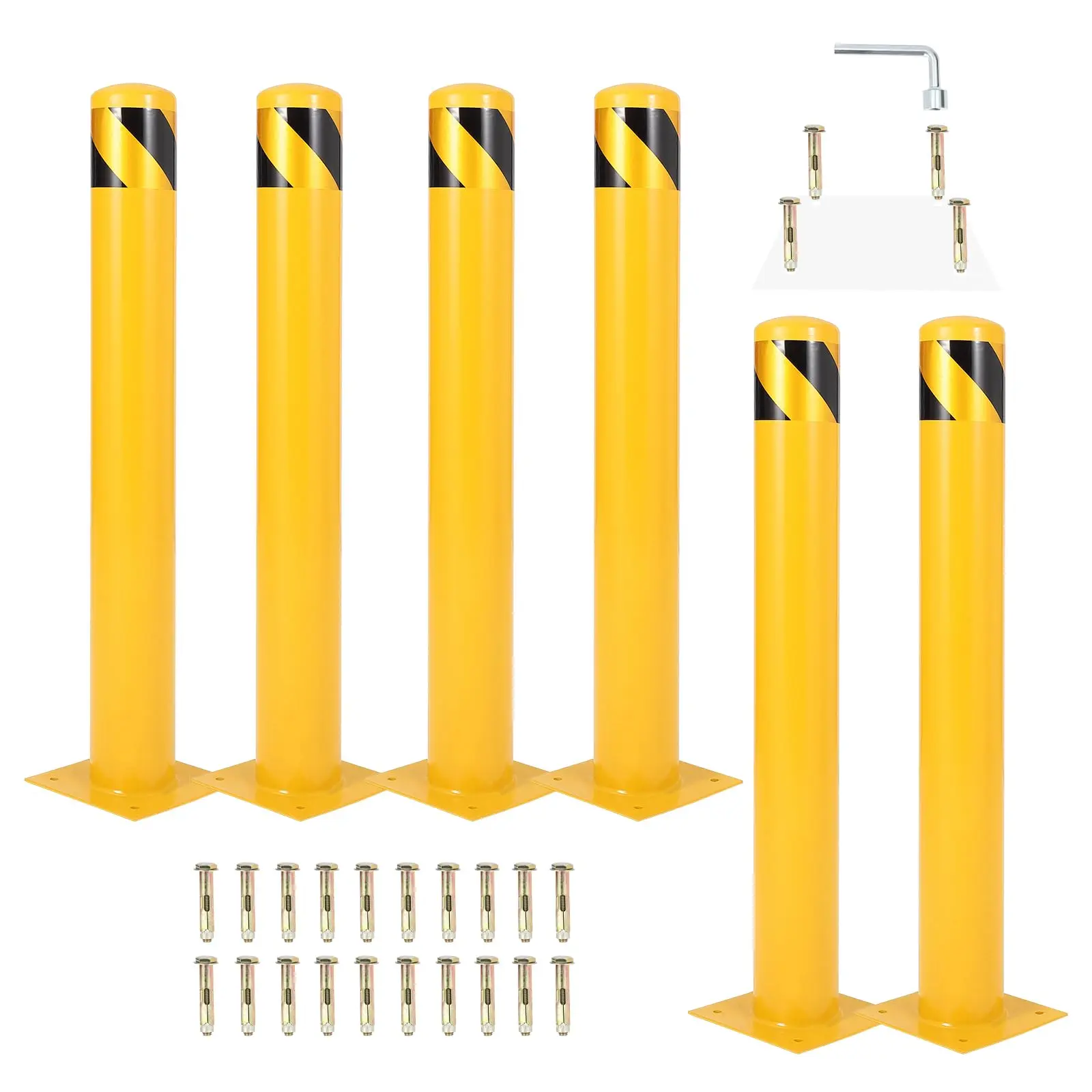 GARVEE Steel Safety Bollard Posts in Yellow, Available in 36", 42", and 48" Heights with 4.5" Diameter, Featuring Multiple Anchor Bolt Sets (4, 8, 16, 24) for Secure Installation in Traffic-Sensitive Areas