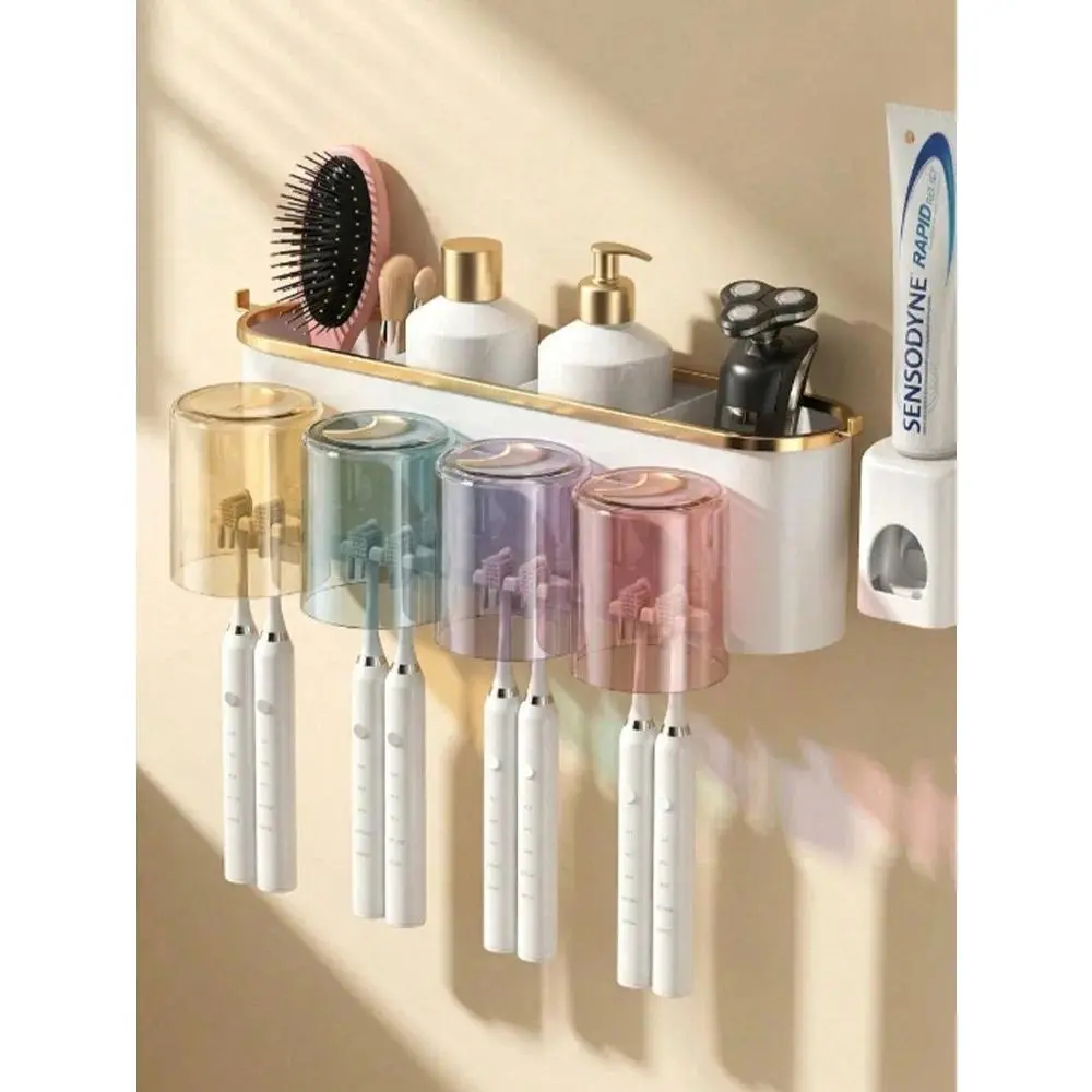 Wall-Mounted Toothbrush Holder Set Featuring 4 Dustproof Cups And A Toothpaste Dispenser - A Multifunctional Bathroom Organizer Rack With Automatic Dispenser And Cups - No-Drill Bathroom Storage Shelf - Luxury Bathroom Accessory Set For Home Use