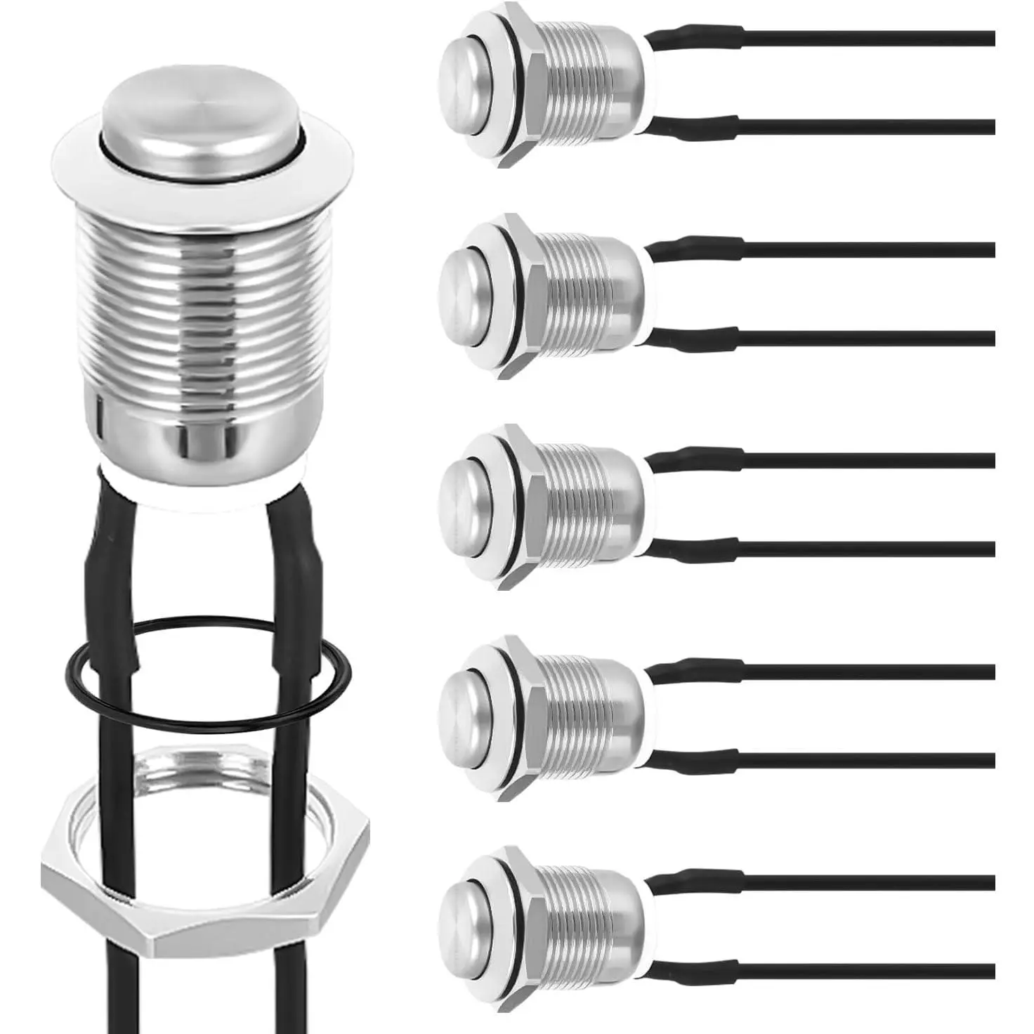 Nilight 12mm Momentary Type Power Switch 6PCS, Pre-Wired Harness, 12V Waterproof Stainless Steel Small Round 2-Pin Switch for Car, Off-Road Vehicles