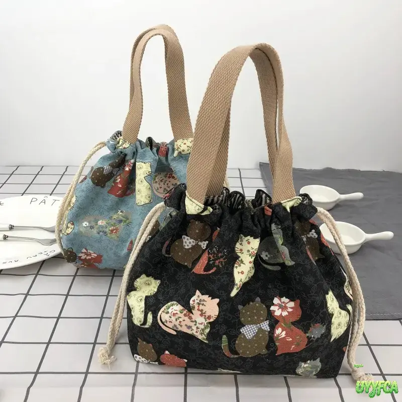 Cute Playful Cartoon Cat Print Thick Twill Canvas Lunch Bag - Japanese Style Mini Size String Tie Tote, Lightweight Space-Saving Food Carrier, Daily Use Bags for Office School Picnic, Small Cosmetic Organizer, Playful Print