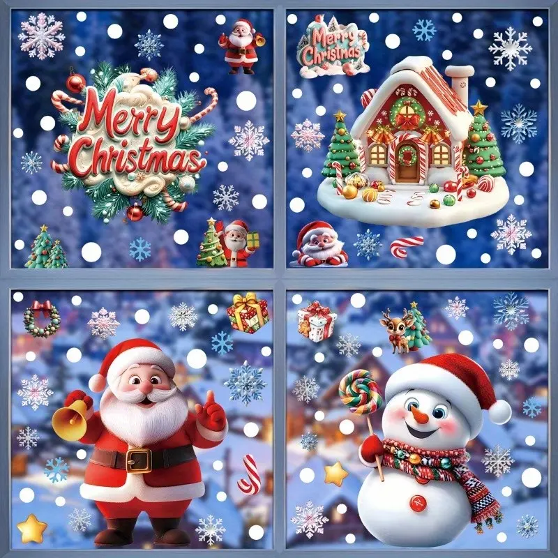 4/8Pcs Christmas Static Window Stickers, Santa Claus, Snow House & Snowman Glass Decals, Window Decals For Glass Windows, Removable Xmas Static Clings, Festive Window Decorations for Mall Shop Display & Home Holiday Scene Layout
