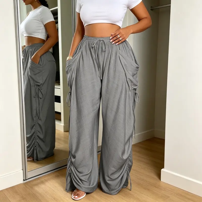 2026 Plus Size Women High Waist Harem Pants, Vintage Punk Drawstring Ruched Wide Leg Trousers, Viscose Linen Breathable Pants with Big Side Pockets for European American Street Casual Outfits