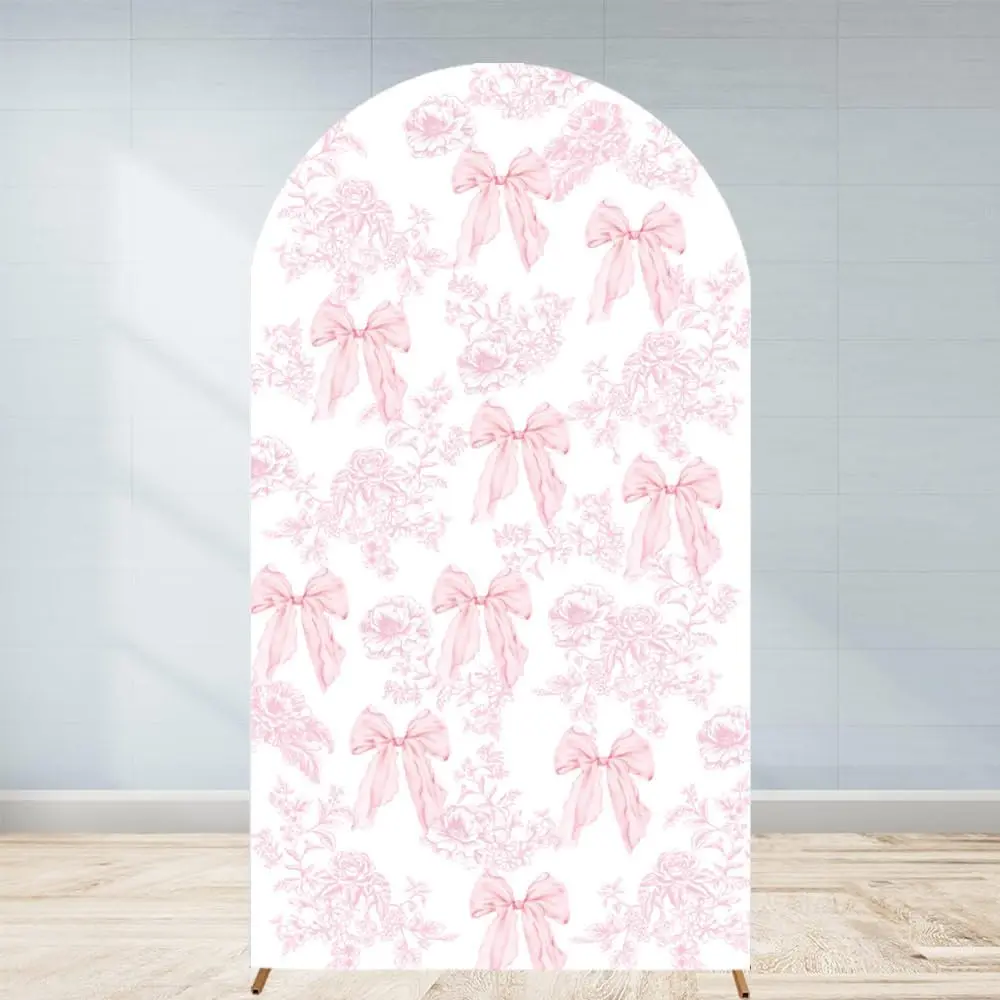 Bow Floral Arch Backdrop Cover 7.2ft Flower  Girl  in Bloom Bridal Shower Party Pastel Toile Birthday Wedding Bride to Be Stretchy Fitted Arched Photo Booth Sign 4x7.2ft