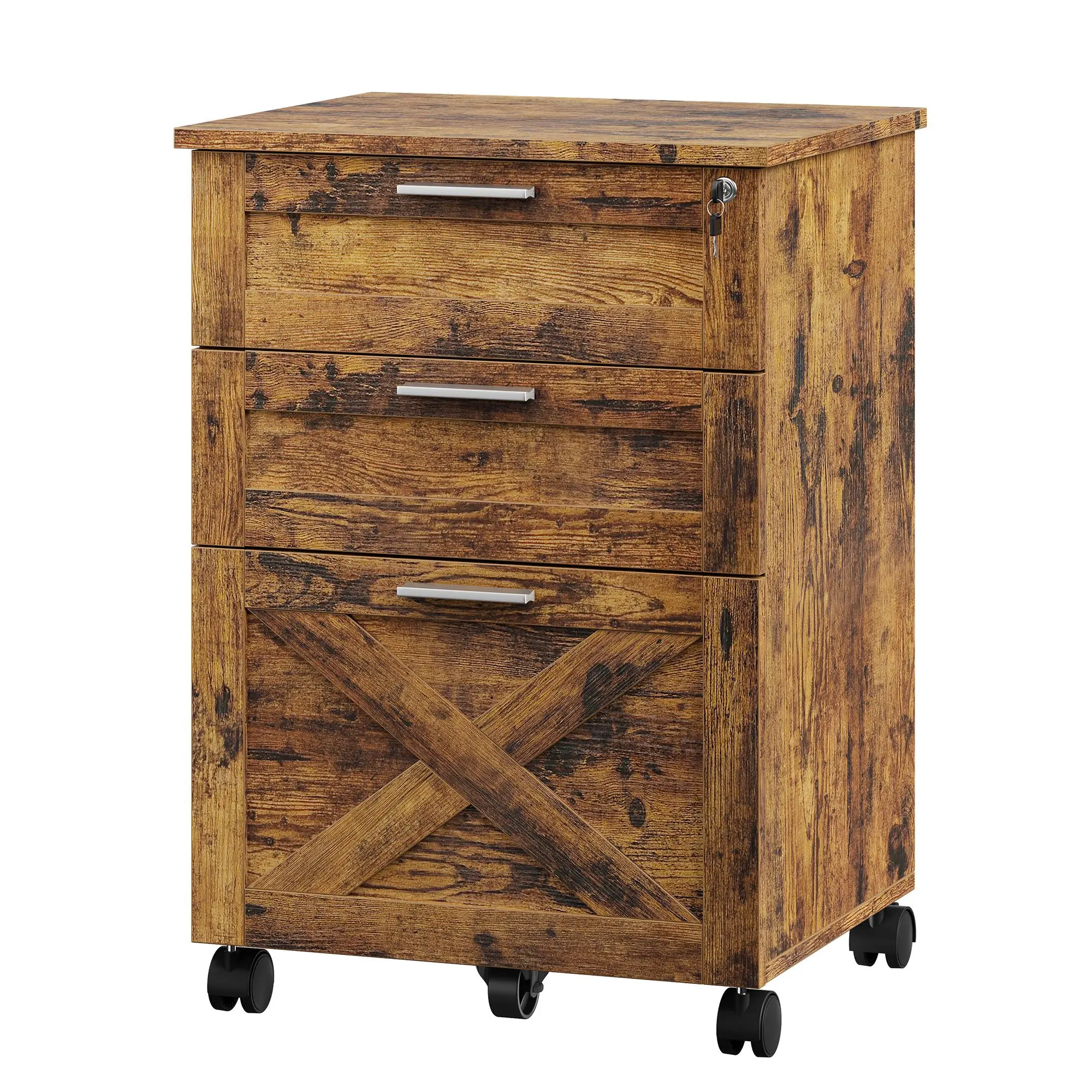 Wooden Rustic 3-Drawer Mobile File Cabinet - Locking Under-Desk Office Storage Organizer - Single Rolling Filing Solution