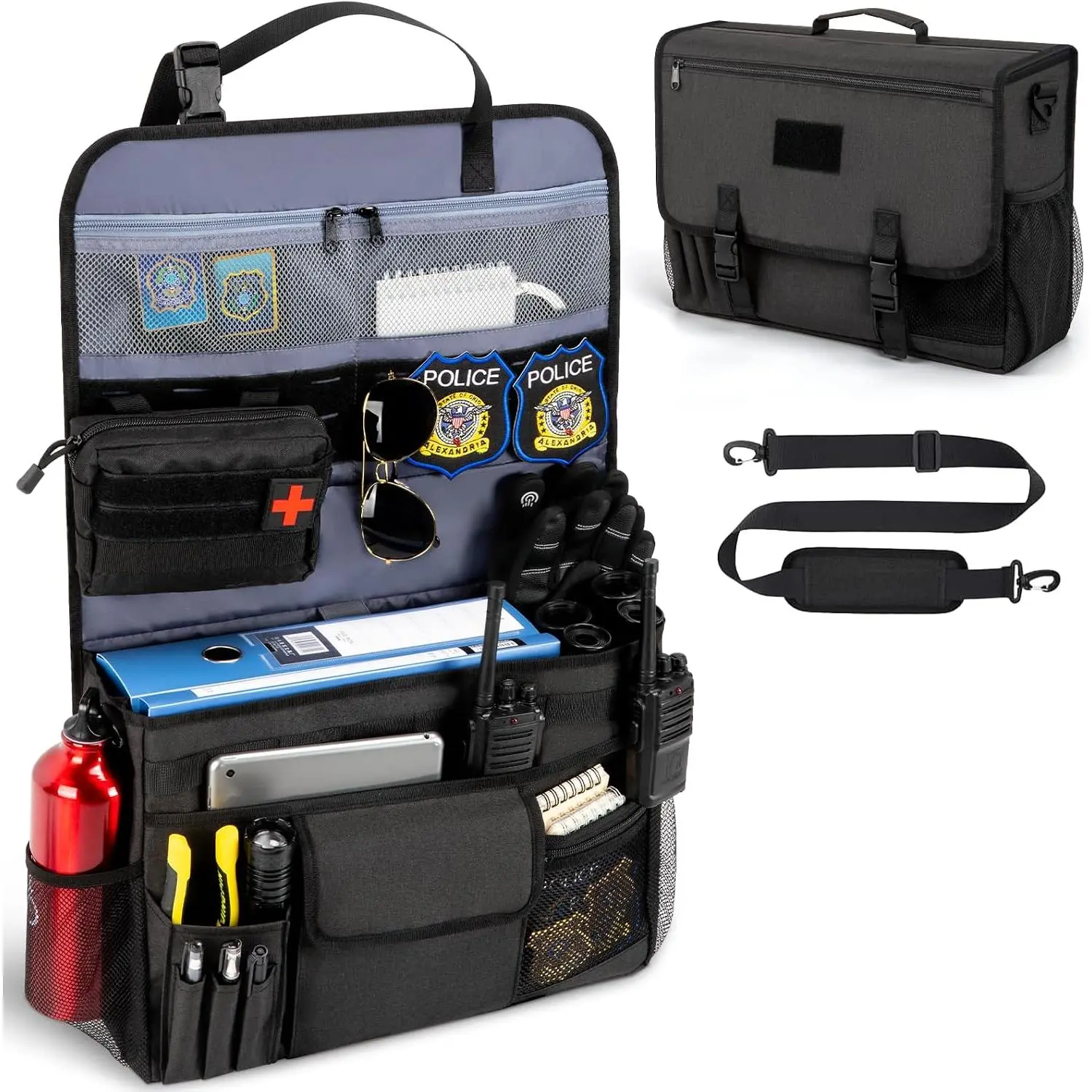 Law Enforcement Patrol Duty Bag, Car Front Passenger Seat Storage Organizer with 15.6" Laptop Pocket, Oxford Fabric, Multiple Pockets, MOLLE Webbing, Removable Straps, Black