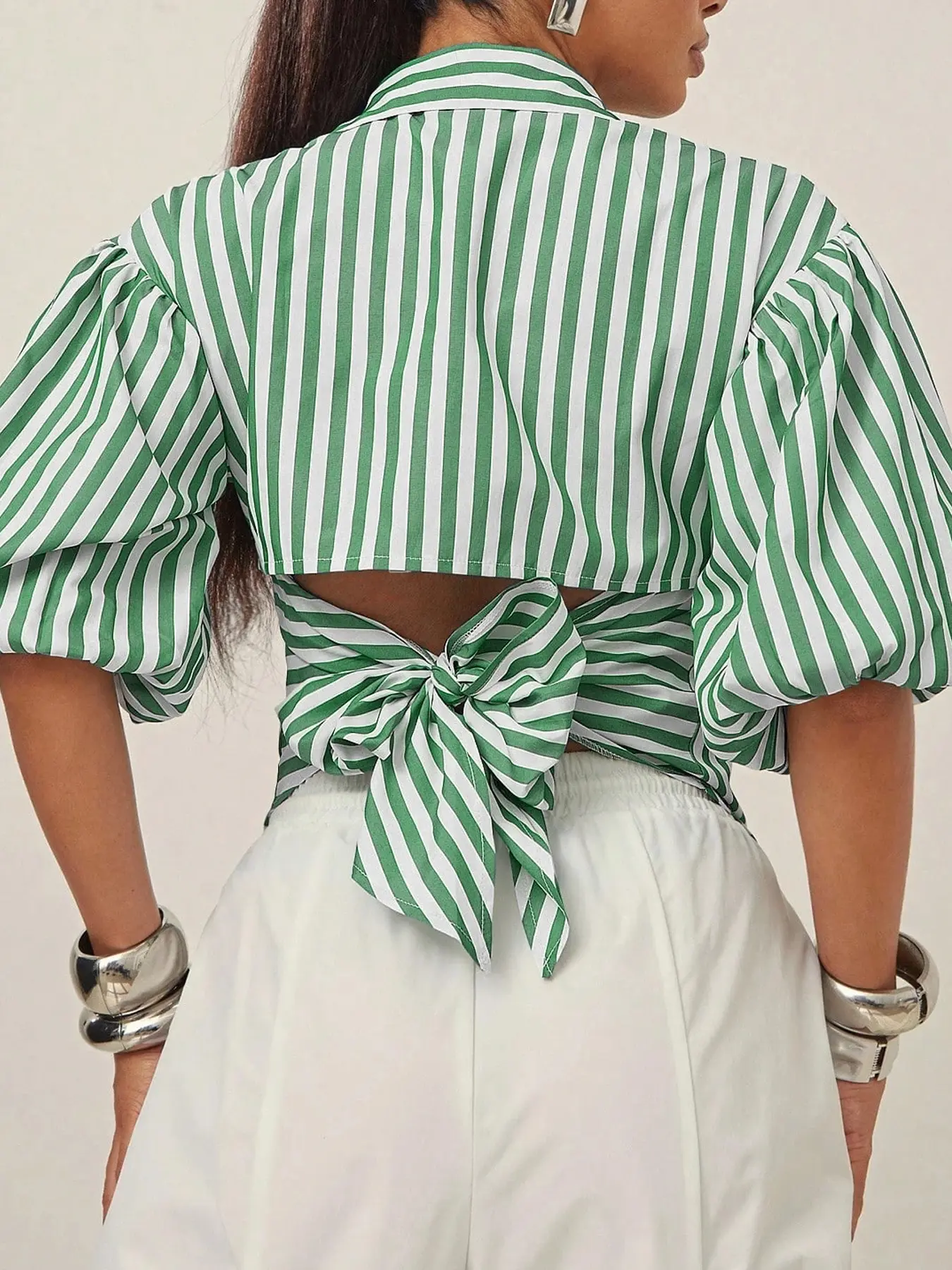 Women's Button Front Shirt Bowknot Back Blouse with Puffy Sleeves, Back Bow Tie Design, Loose Fit, Business Casual Style, Perfect for Office Wear Valentine"Runs Small, Size Up Recommended"