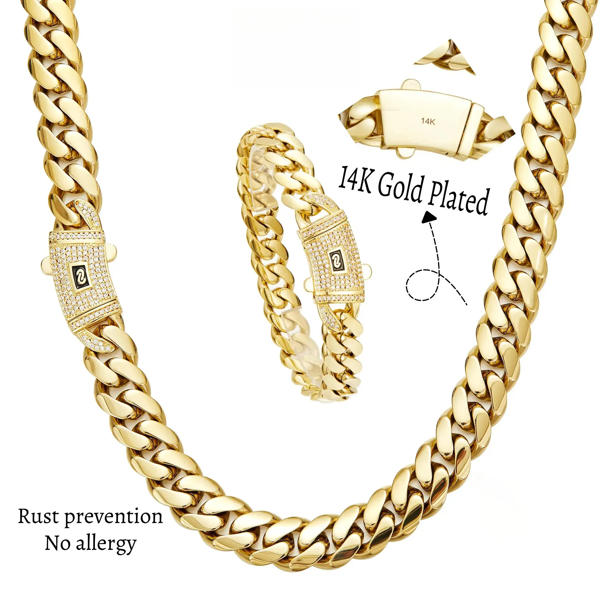[Set] 14K Real Gold-Plated Cuban Necklace & Bracelet with Miami Link Chain Stainless Steel Thick Anti-Friction Chain and Diamond Clasp for Men and Women 6/8/10/12/14MM Colorfast Waterproof Thickened Hip Hop  Black Friday,adjustable, men's jewelry