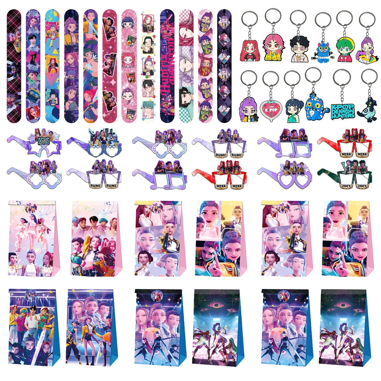 Korean Cartoon Girl Group Birthday Party Decoration 4-Piece Set: Includes 12 keychains, 12 wristbands, 8 cartoon glasses, and 12 gift bags. The best choice for birthday party gifts, making sure everyone remembers this party