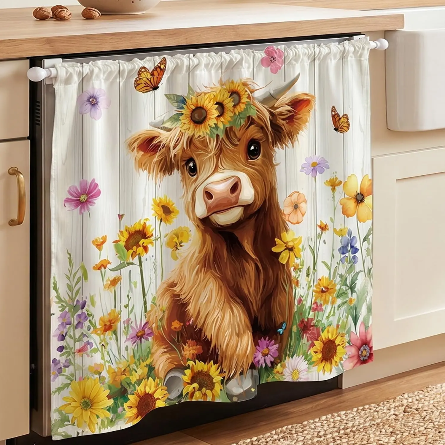 Highland Cow Dishwasher Curtain, 35 X 39 Inches Cabinet Curtains Sink Skirt for Bathroom Classroom   Rustic Drape, Cow Under Sink Curtain Skirt for  Drape Laundry Room