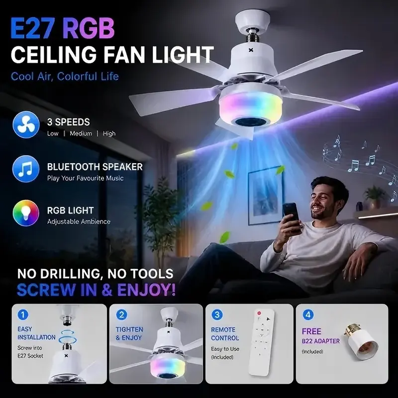 E27 screw type ceiling fan light with Bluetooth speaker, RGB LED fan light with remote control, three speed fan light with UK B22 adapter, used for home bedrooms and offices