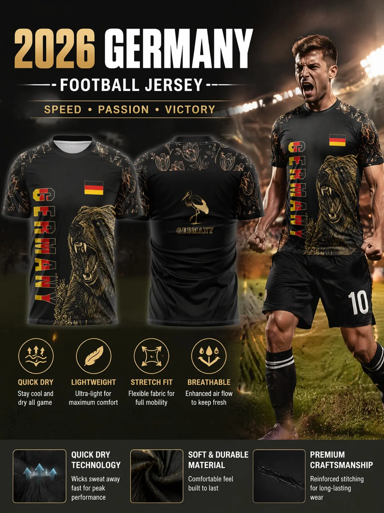 2026 Germany National Team Soccer Jersey, Gold Grizzly Bear Print, Quick-Dry Breathable Polyester, Unisex Adult Football Shirt