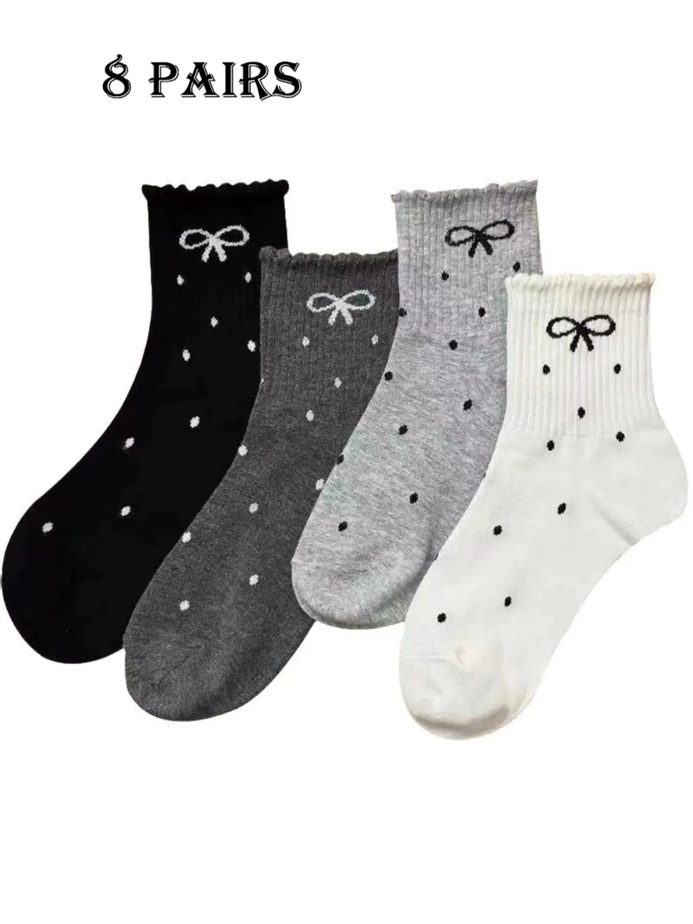 8 Pairs Women's Bowknot Socks, Cute Ruffled Polka Dot Mid-Calf Socks, Soft Breathable Girl Style Female Socks, Comfortable and Stylish