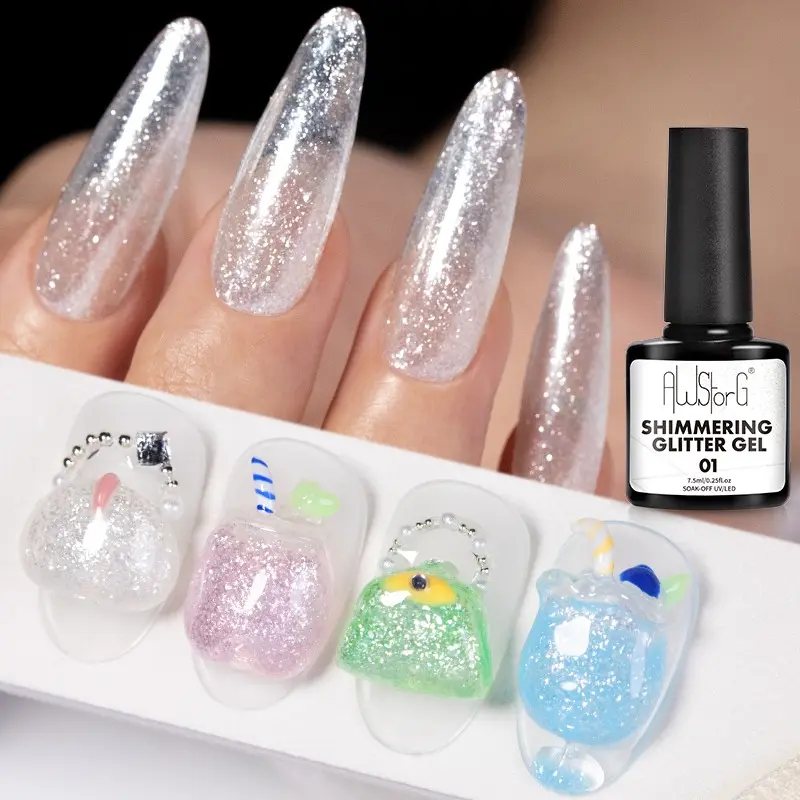 AWStorG 7.5ml Shimmering Transparent Pink Glitter Gel Nail Polish Sparkly Daily Nail Art Soak Off UV LED Sparkle Gel Brilliant Shine Polish For Daily Salon DIY Manicure