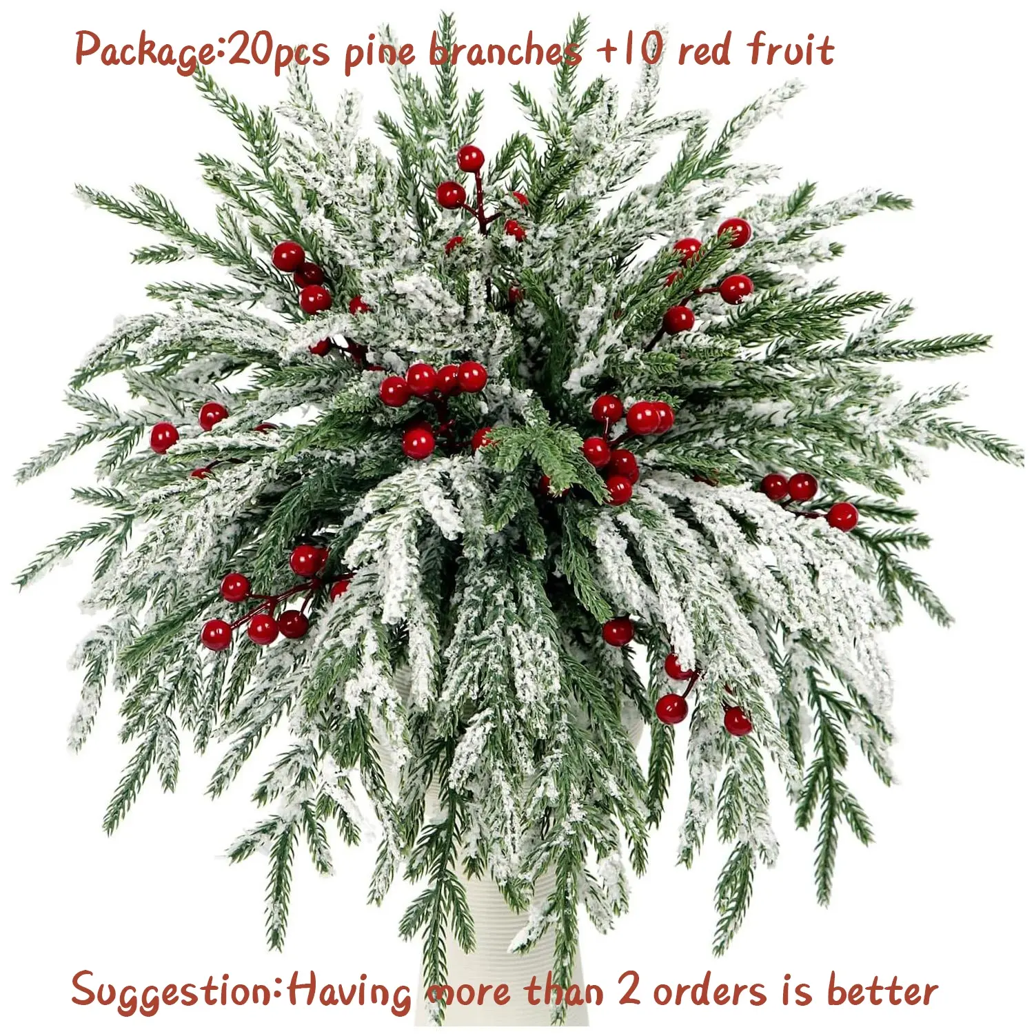 30 Artificial Christmas Tree Branches with Berries, 13.8 Inch Fake Norfolk Spruce Leaves, Holiday Decorations (30 Pieces)