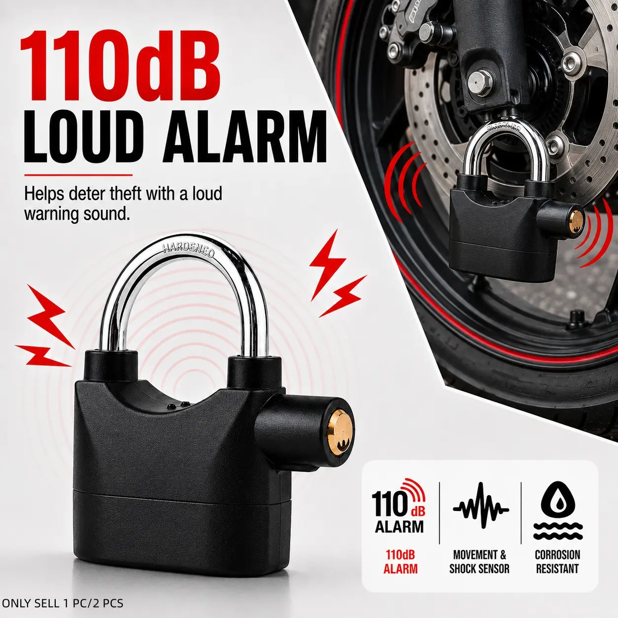110dB Alarm Hanging Lock with 3 Keys, Outdoor High Security Padlock with Motion Shock Sensor, Heavy Duty Lock for Garages, Fences, Storage Units, Bicycles and Motorcycles