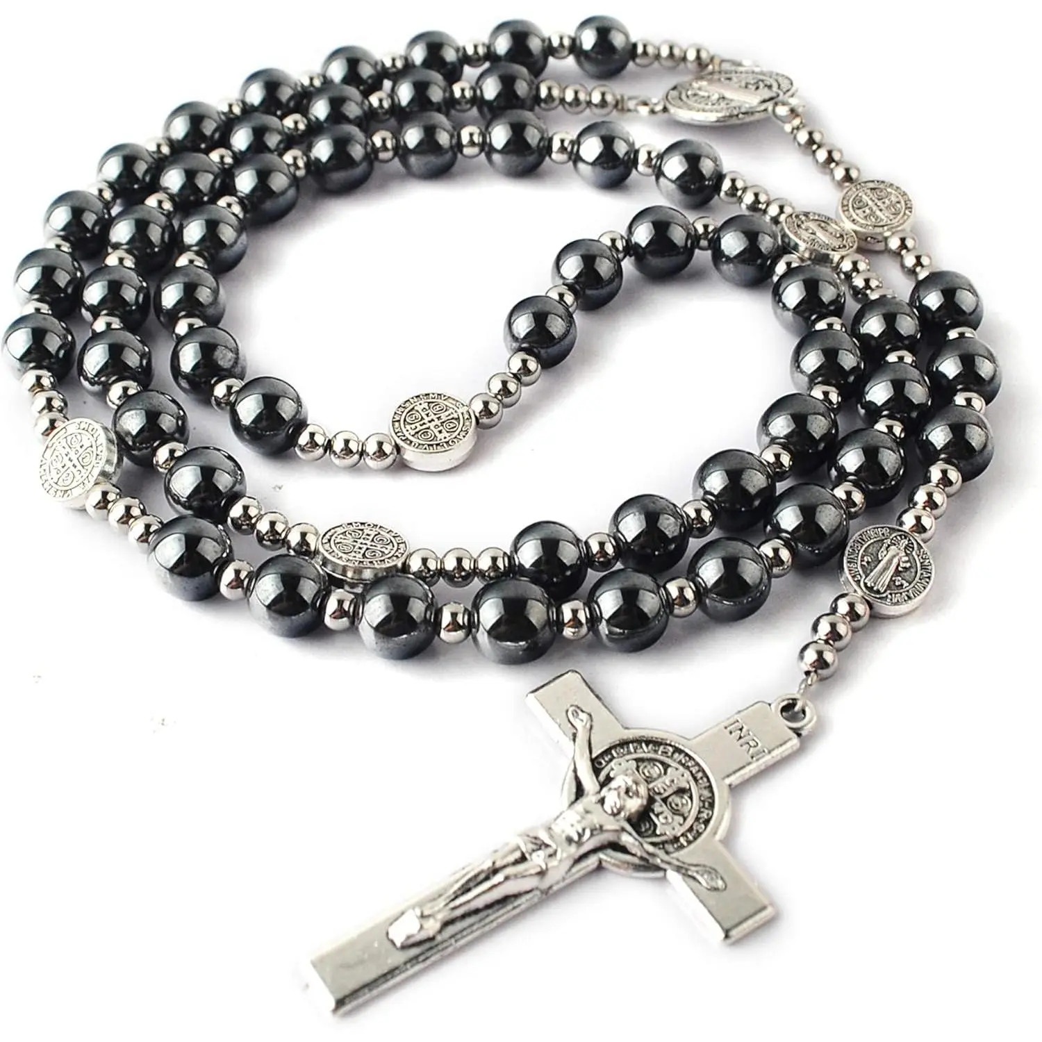 HanlinCC Hematite Rosary Necklace for Men and Women, Black Stone and Stainless Steel Beads, 48cm Length