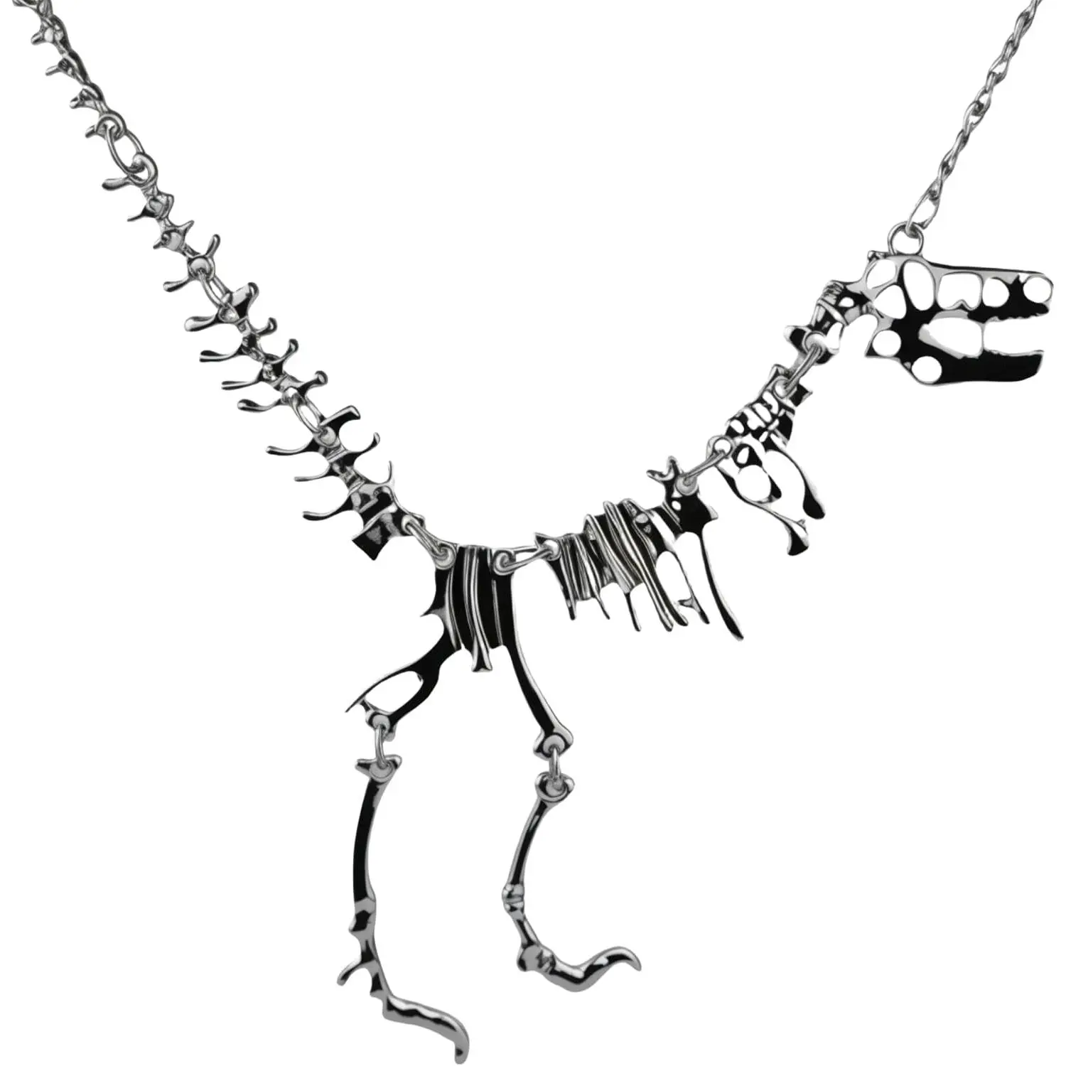 T-Rex Skeleton Necklace, 23 Inches Chain Length, Black Metal Alloy, Dinosaur Pendant