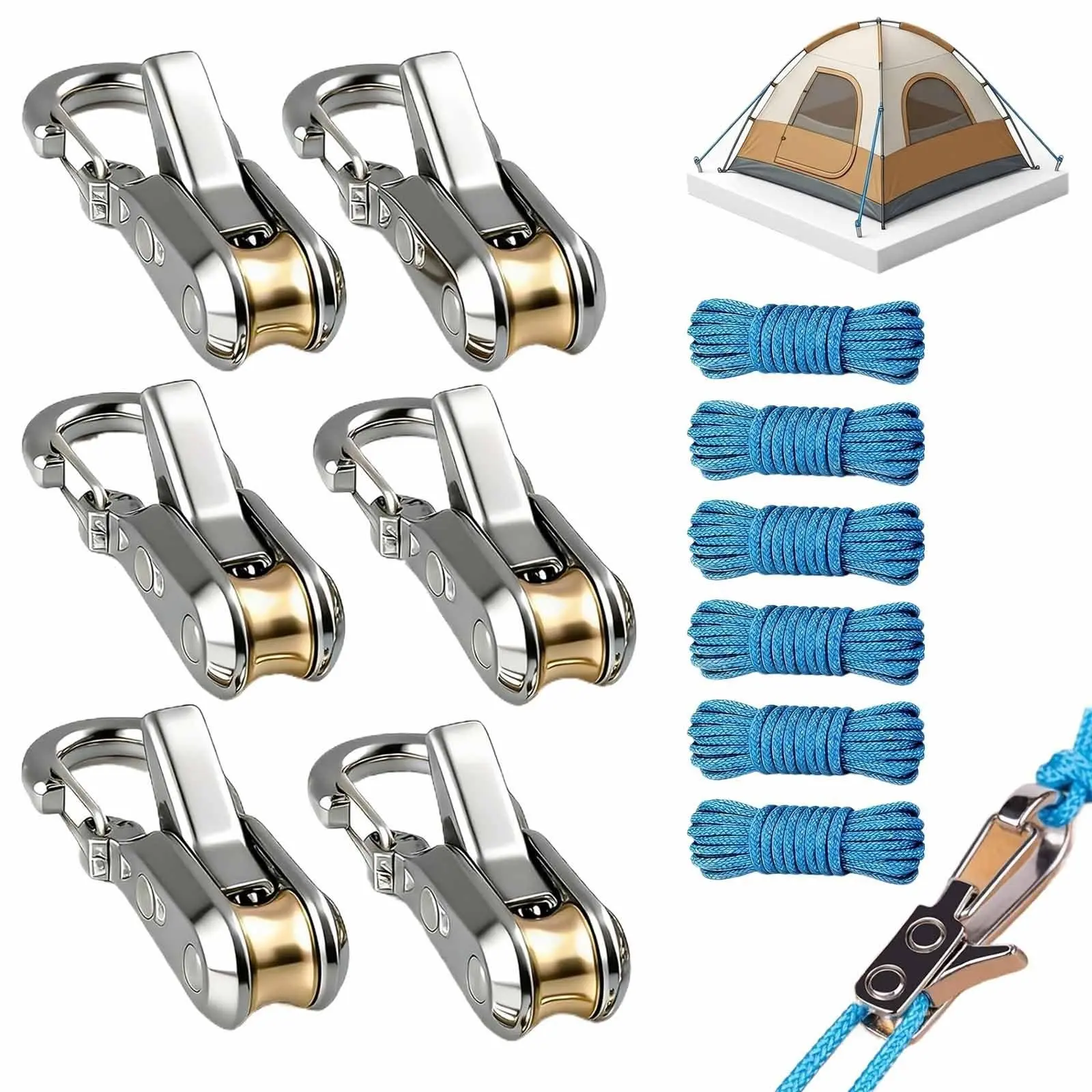 2/4/6 Set Rope Pulley Kit, Adjustable Carabiner, Camping Gear, Fishing Line, Waterproof Tent Tie-Down, 3m Rope Length
