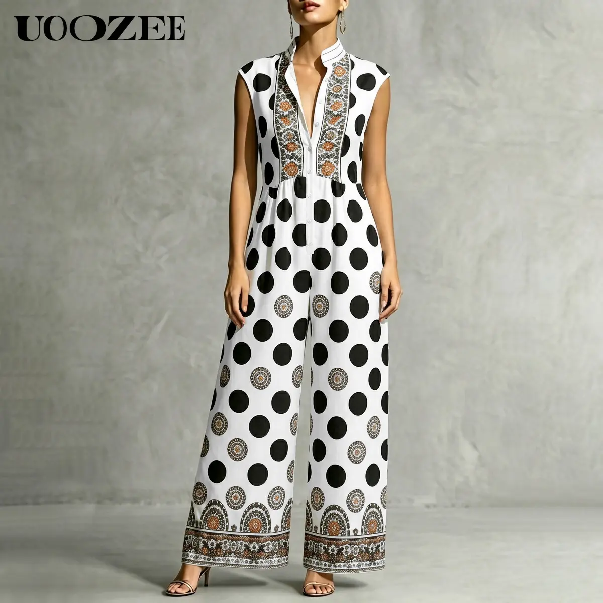 UOOZEE Women's Exotic Bohemian Polka Dot Overalls - Sleeveless, Wide Leg, Ethnic Print, Pockets, Smooth Lightweight Fabric, Bag-Friendly, Flat-Compatibility for Beach, Streetwear Styles, Chic