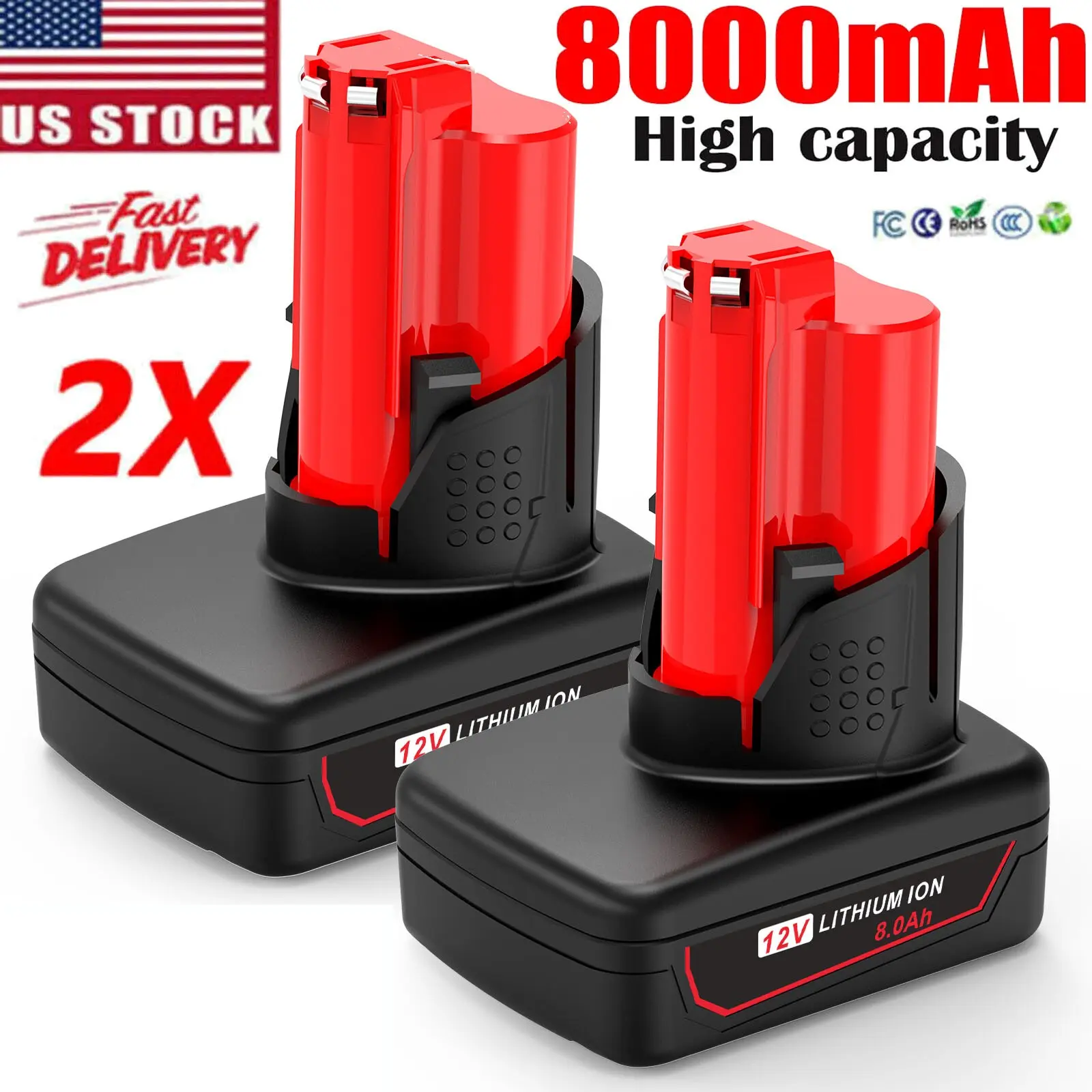 Milwaukee M12 Series 12V Lithium Battery, 8.0Ah Capacity Extended Power Replacement, Compatible Tools Battery for 48-11-2460 (US Version), 8.0 Ah Capacity