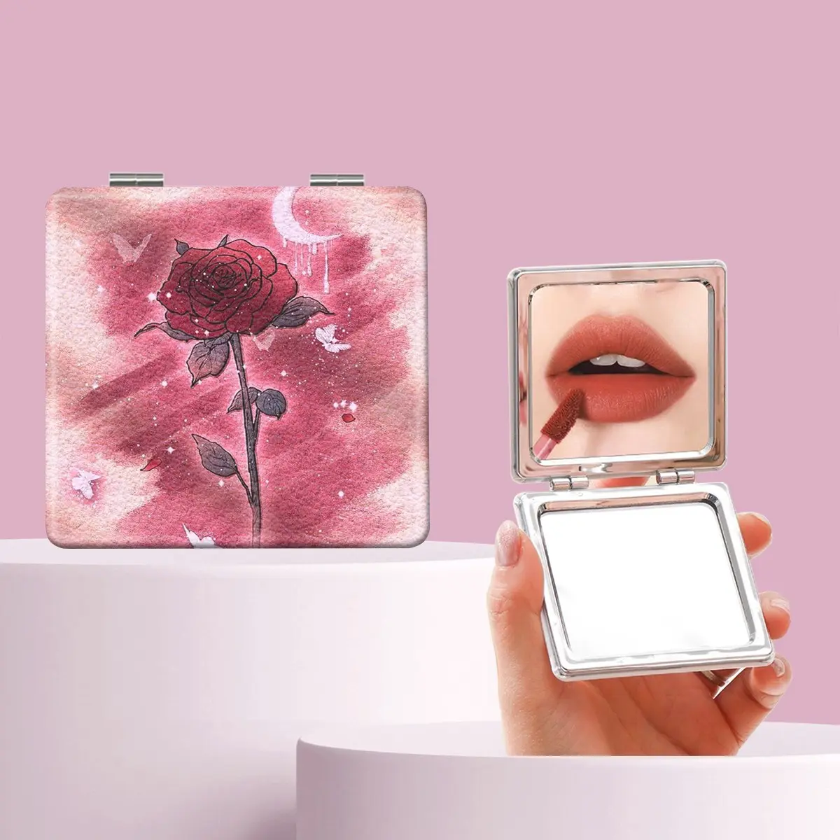 Oil Painting Style Rose Moon Butterfly Makeup Mirror, Foldable Mini Handheld Mirror, Perfect Gift for All Occasions