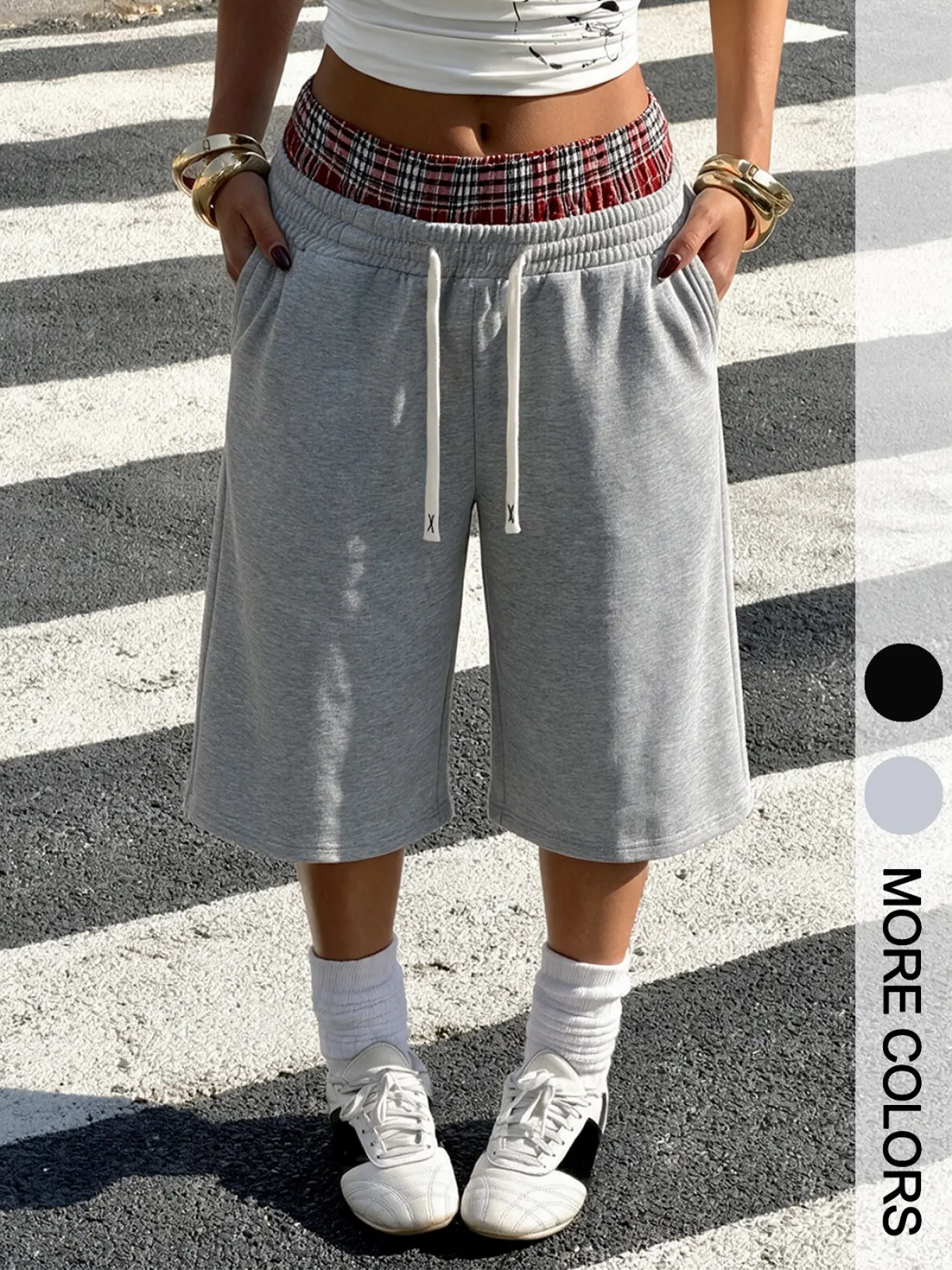 American Vintage Plaid Patchwork Waist Five-Quarter Joggers for Women, Drawstring Loose Fit Wide Leg Sportswear, All Seasons