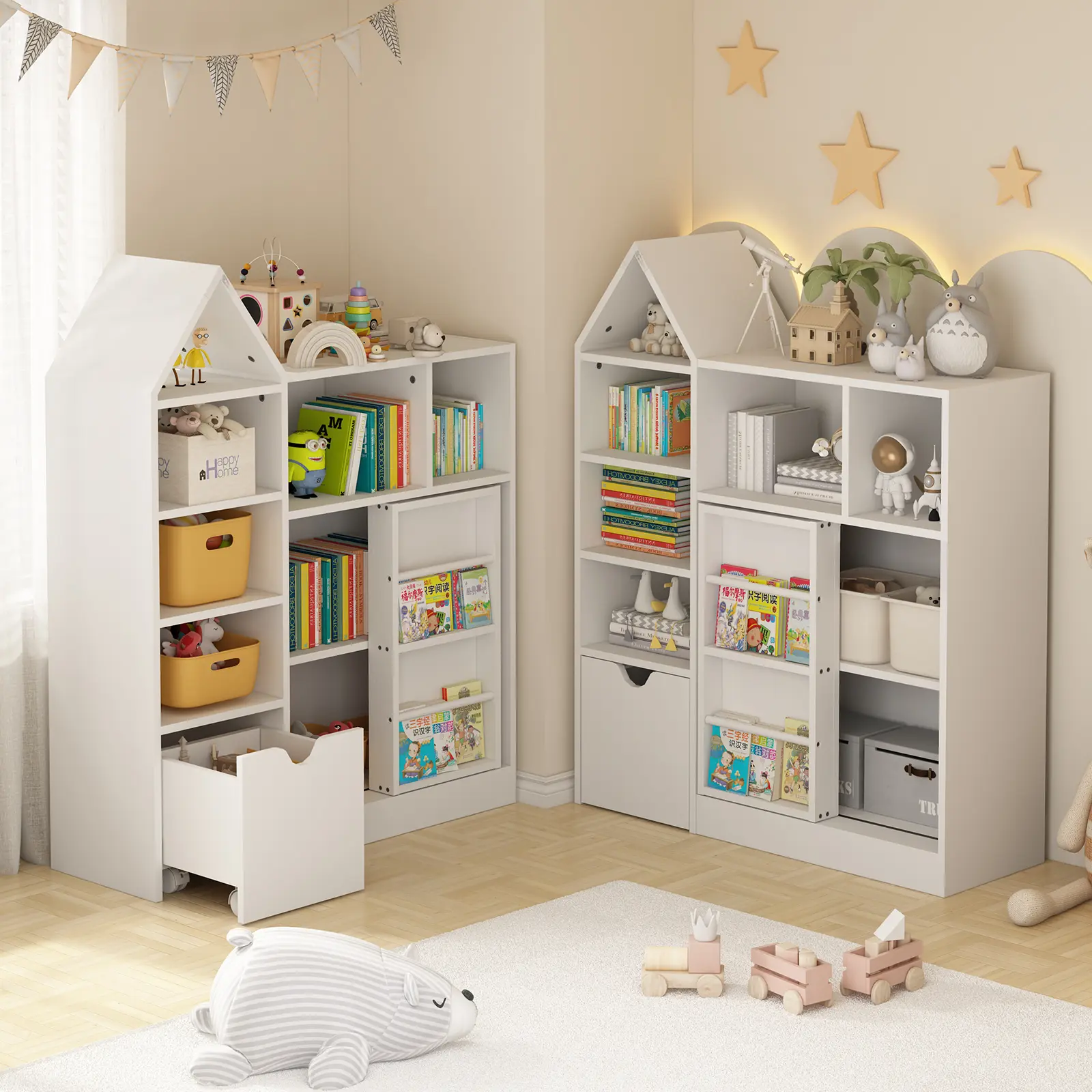 White Rectangular Kids Wooden Toy Organizer Storage Bookshelf - 3-Tier, 7 Open Compartments, Sliding Door, Removable Drawer, 3 Toy Bins, 43.7x11.8x35.4", 22.7kg Capacity, Assembly Required, for Nursery Kids Room Decor