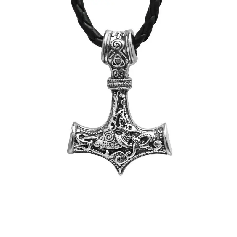 Viking Thor's Hammer Pendant Necklace, Nordic Odin Valknut Triangle Symbol Leather Rope Chain Amulet Choker, Heavy Metal Gothic Punk Jewelry for Men, Party Cosplay Gift, Nylon Rope