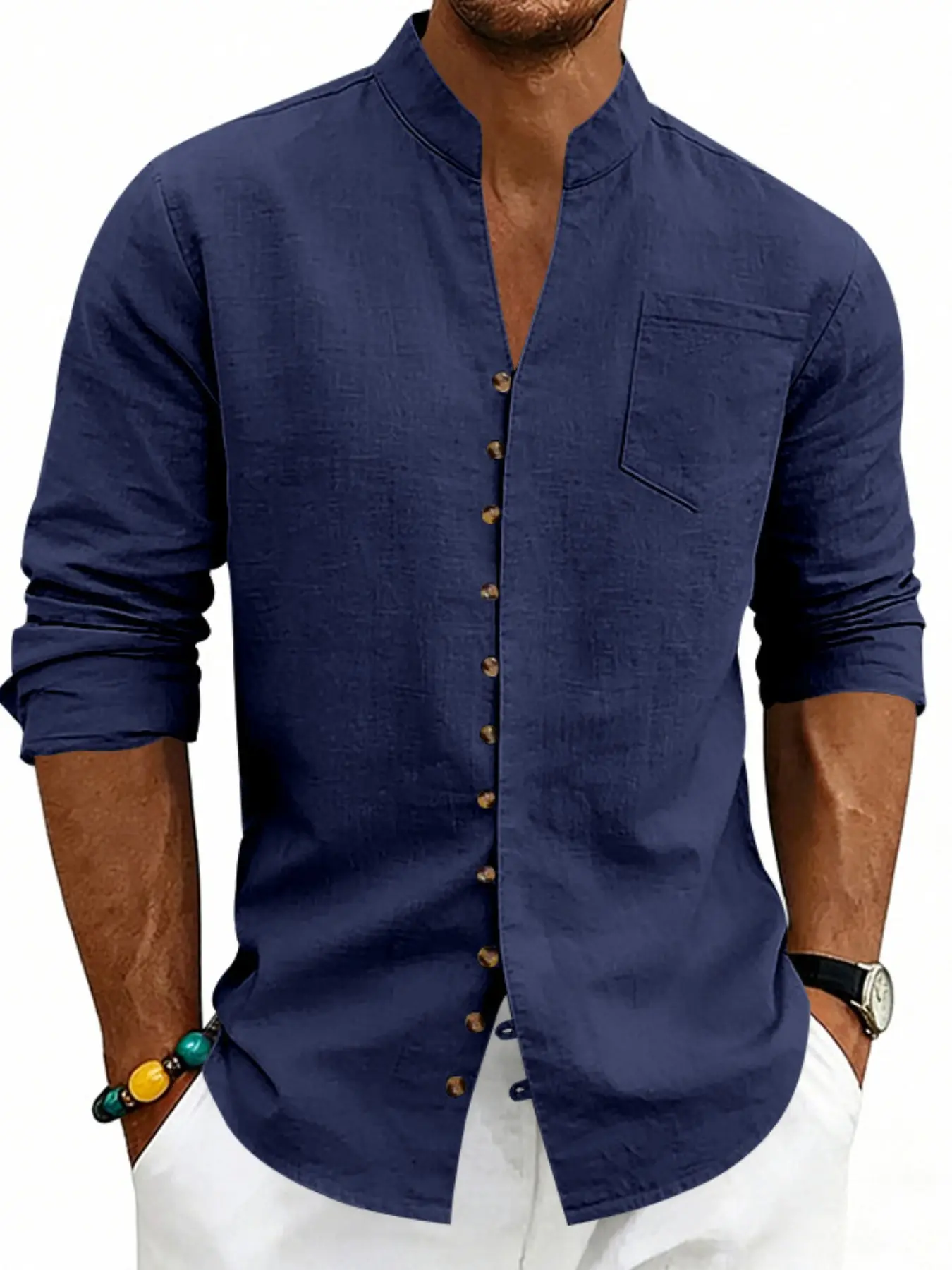 Men's button-down single-breasted linen long-sleeved shirt with chest pocket, casual business blouse, Casual button top, Casual Button Collared, skin-friendly breathable design. Classic Spring/autumn style, suitable for daily commuting, vacation