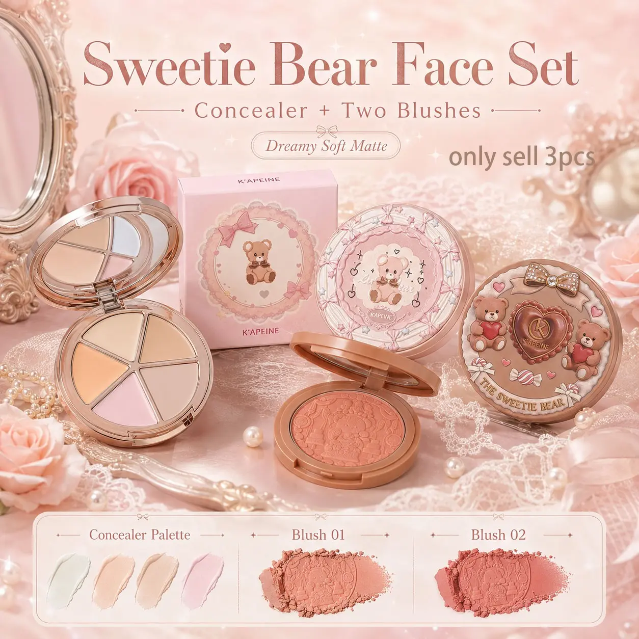 Bear Sweetheart Concealer + Blush Set, Four-Color Concealer Palette, Highlighter, Blemish Cover, Natural Whitening, Long-Lasting, Gift Idea