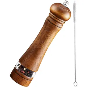 Pepper Grinder Salt Grinder Wooden Pepper Mill Grinder w/Adjustable Coarse, 8 inch Tall Wood Refillable Manual Pepper Grinder Mill Peppermill for Black Peppercorn, Easy Clean w/Cleaning Brush