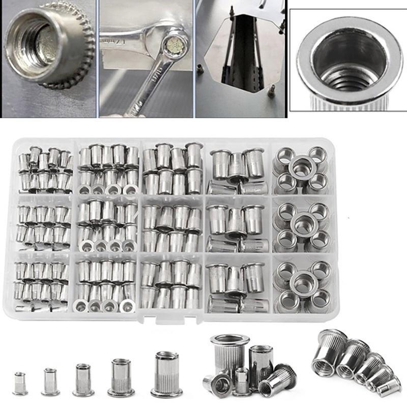 GJANSH Rivet Nut Tool Kit, 150pcs SAE/Metric Rivet Nut Assortment Kit , w Galvanized Carbon Steel Flat Head Threaded Insert Nuts ( 150pcs) ,Threaded Insert Nut Set, M3/M4/M5/M6/M8 Threaded Nut Set, Stainless Steel Rivet Nut Assortment Kit