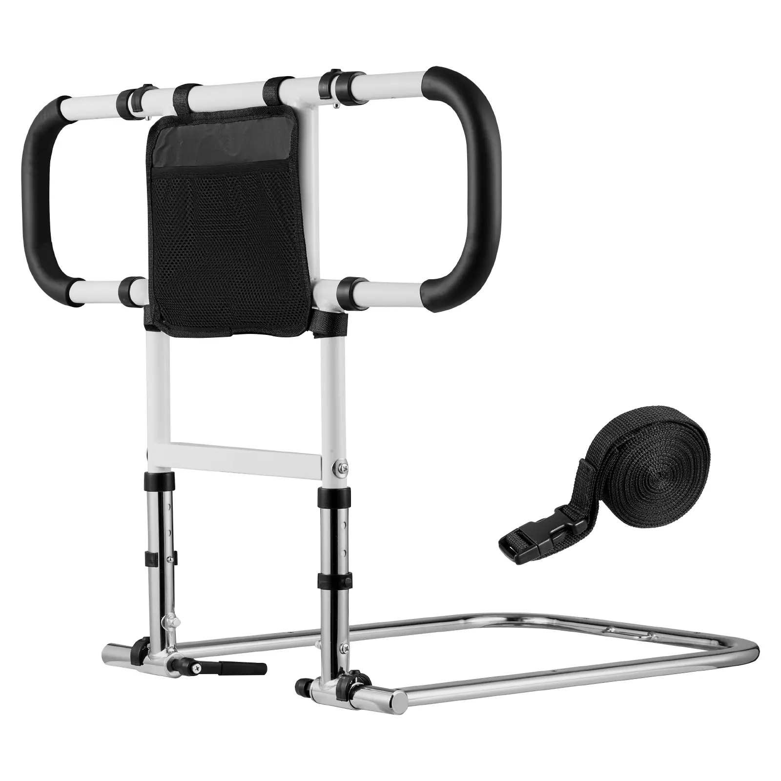 Elderly Bed Assist Aid, Foldable Extendable Carbon Steel Rail with Side Handles & PU Handrail, Adjustable Height Bedside Cane, Fits King, Queen, Full, Twin Beds