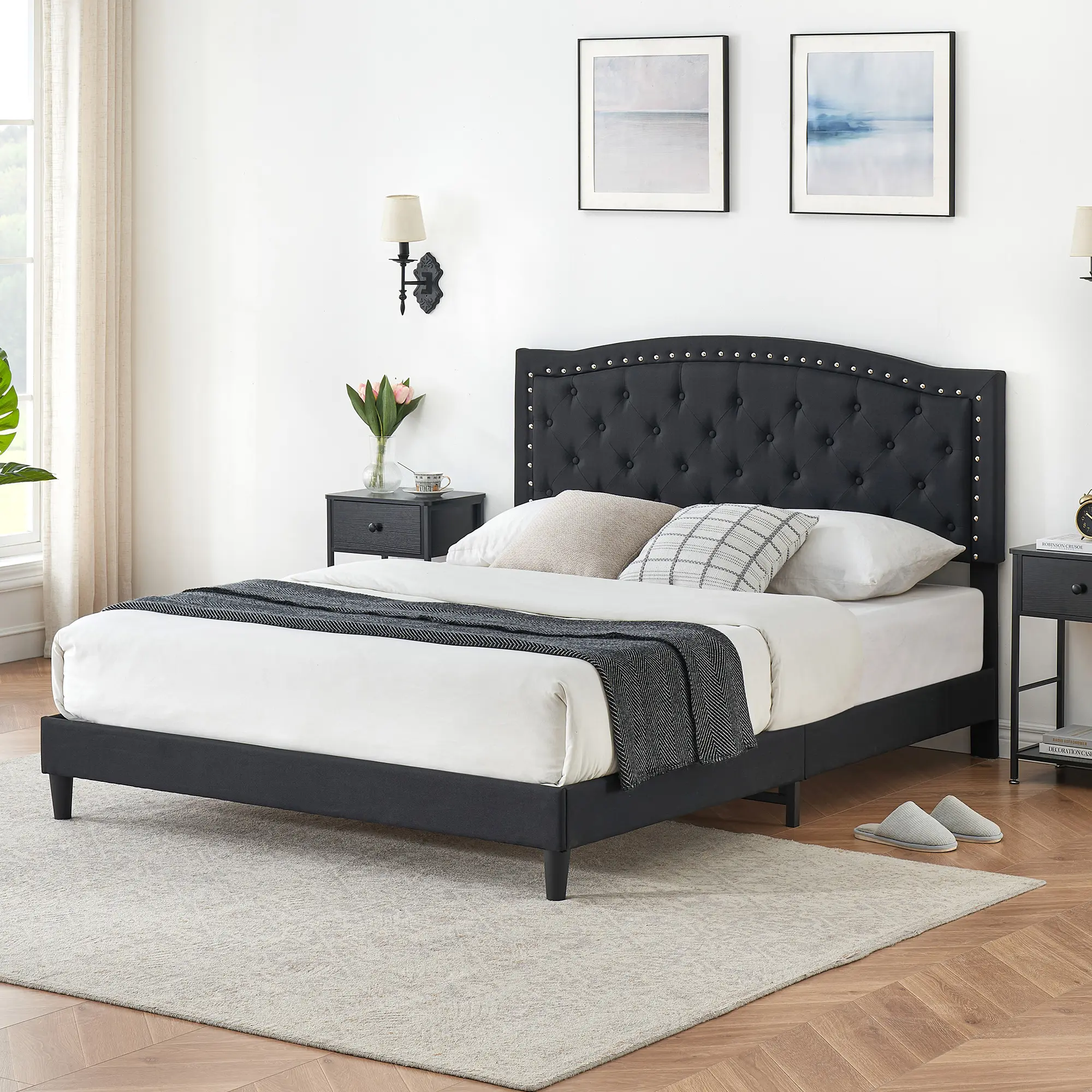 Queen Size Upholstered Platform Tufted Wing Back Headboard Bed Frame with Adjustable Button, Heavy-Duty Slats Support, No Box Spring Needed, Black