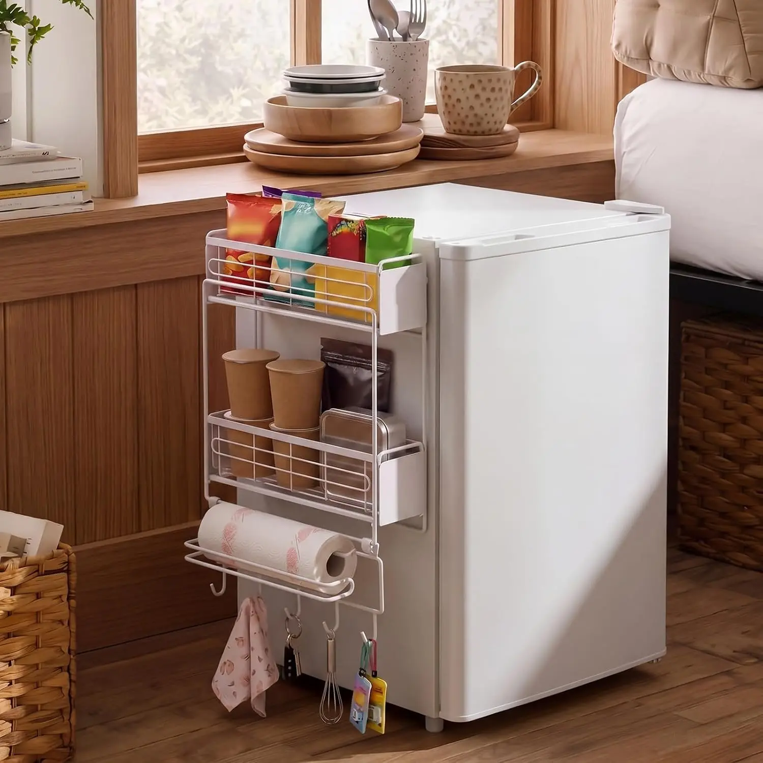 3 Tier  Dorm Fridge Organizer Heavy Duty 66lbs over Dorm Fridge Shelf Essentials Paper Towel Holder with Sliding Basket Hook Side of Fridges Storage Rack Space Saving Kitchen(White)