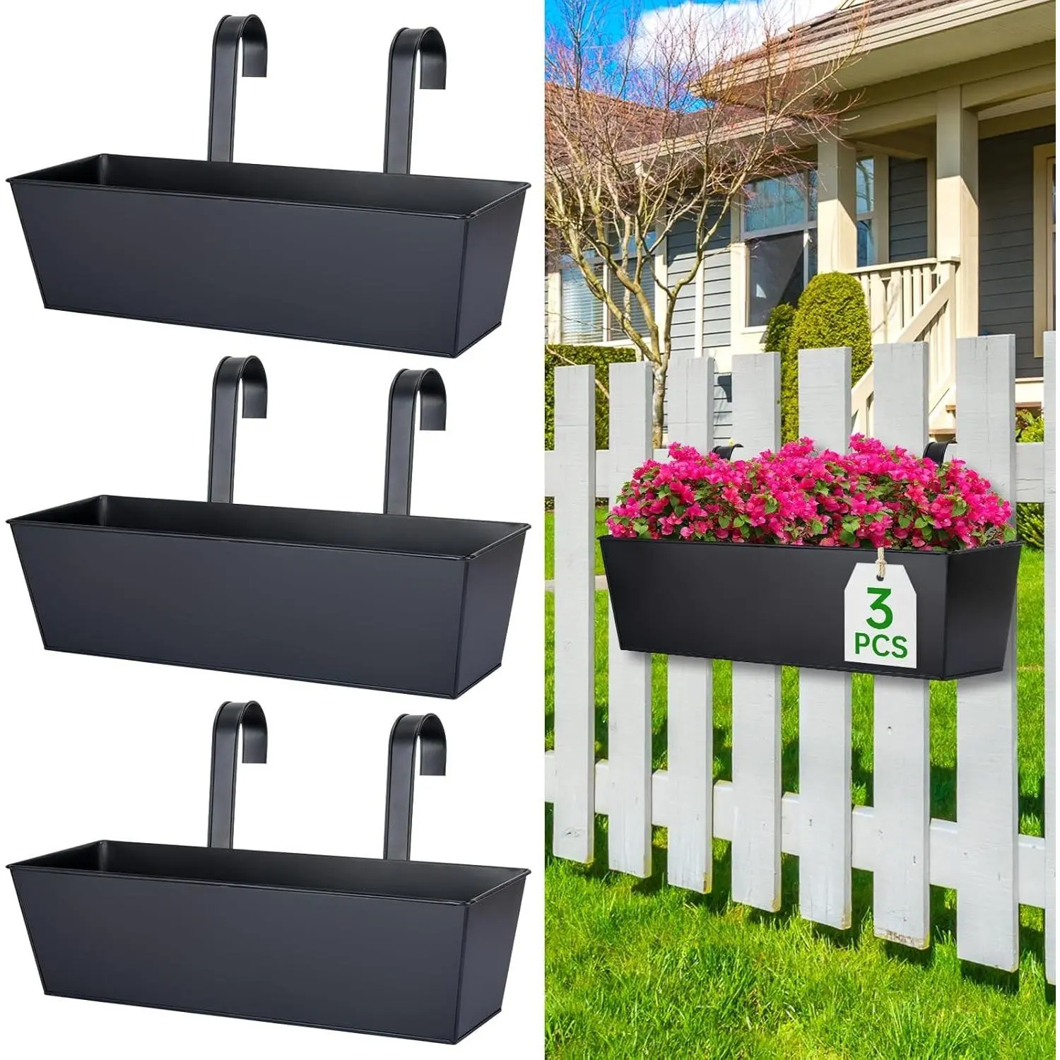 16" Large Hanging Planters for Outdoor Plants, Railing Planter Box, 3 Pack | Balcony Planters with Detachable Wide Hooks Fit 2.7'' rails. Rustproof & Spacious. Ideal for Fence & Patio Decor