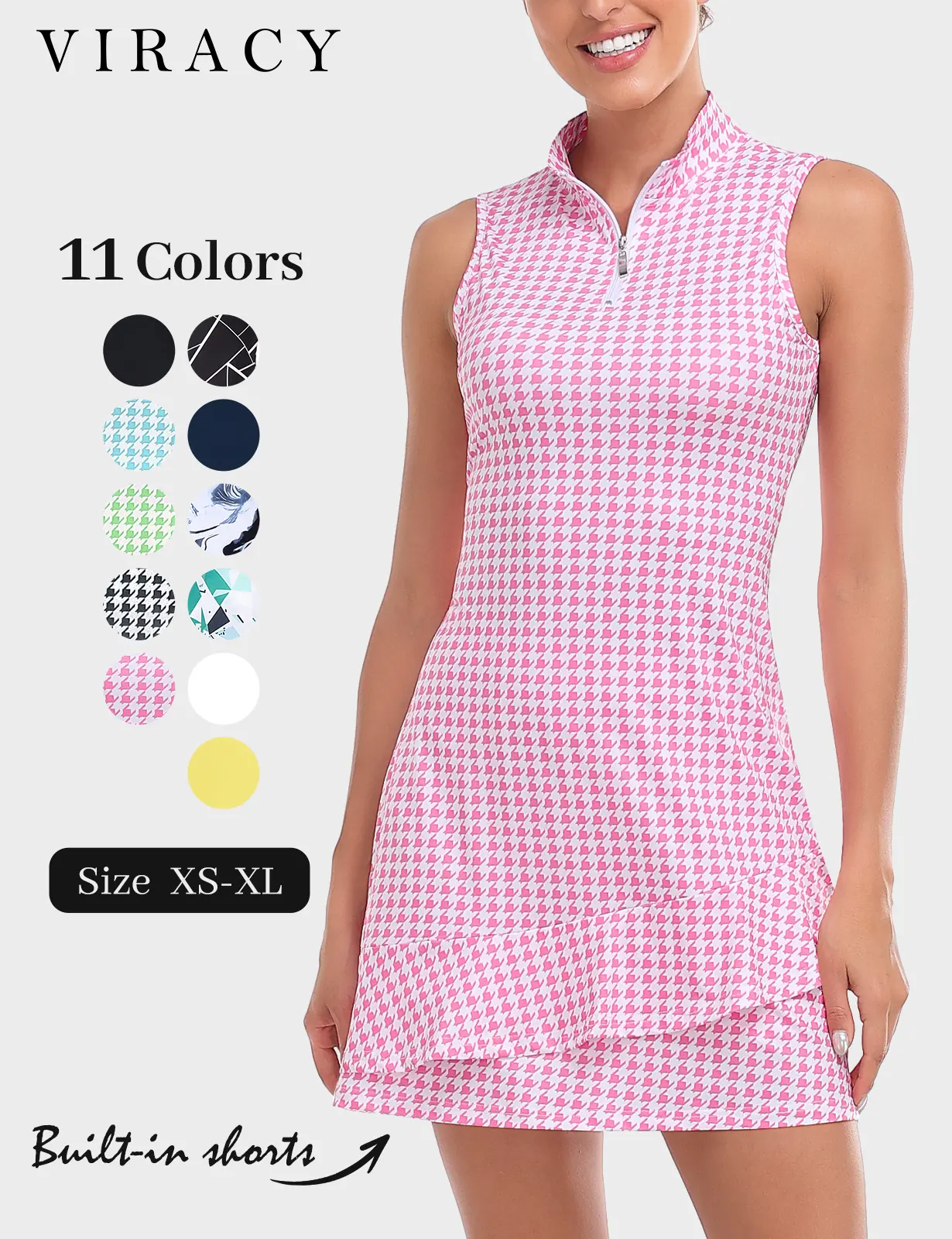 Viracy Women's Sleeveless Tennis Dress, Stretch Sporty Golf Outfit with Ruffle Zip Collar, Built-in Shorts & Pockets (XS-XL), Sporty Dress, Tennis Sports Dress