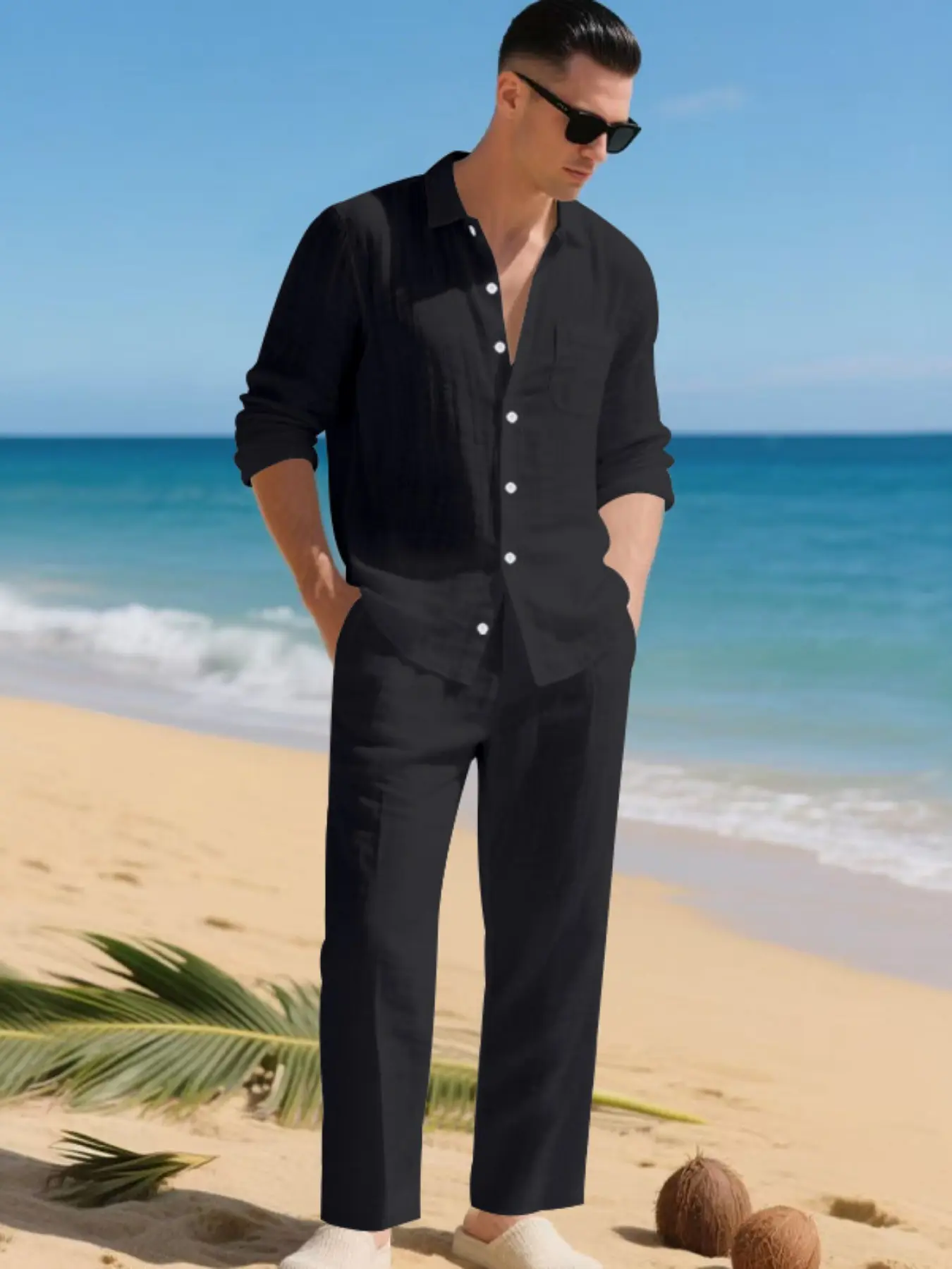 2-piece summer men's linen shirt and linen straight-leg pants set, comfortable, quick-drying and breathable, regular fit, suitable for autumn seaside vacations and daily wear, fashionable, Casual and versatile clothing for men.