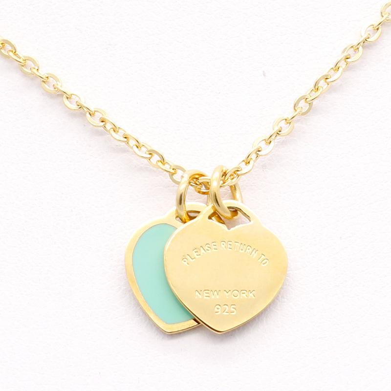 New luxury enamel pink double heart necklace, 18k gold titanium steel, versatile new style
