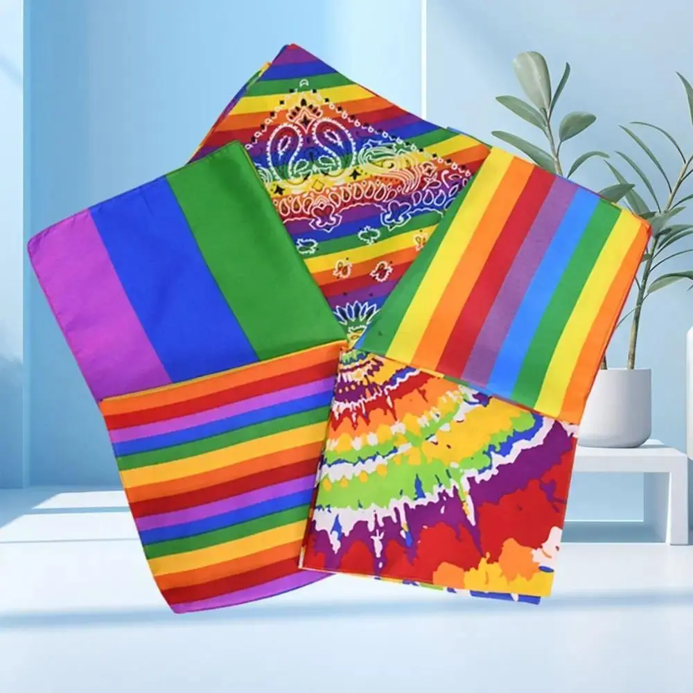 Unisex Terylene Pride Festival Accessories Set - Colorful Rainbow Pocket Square, Large Size Terylene Wrap Headband, Bandana for Lesbian Events
