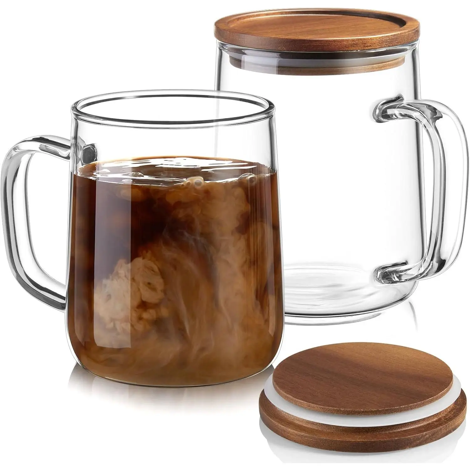 Glass Coffee Mugs, 14 oz Glass Coffee Cups with Acacia  , Clear Borosilicate Glass Mugs with Handles for Cappuccino, , Latte, Hot/Cold Beverages, , , Set of 2